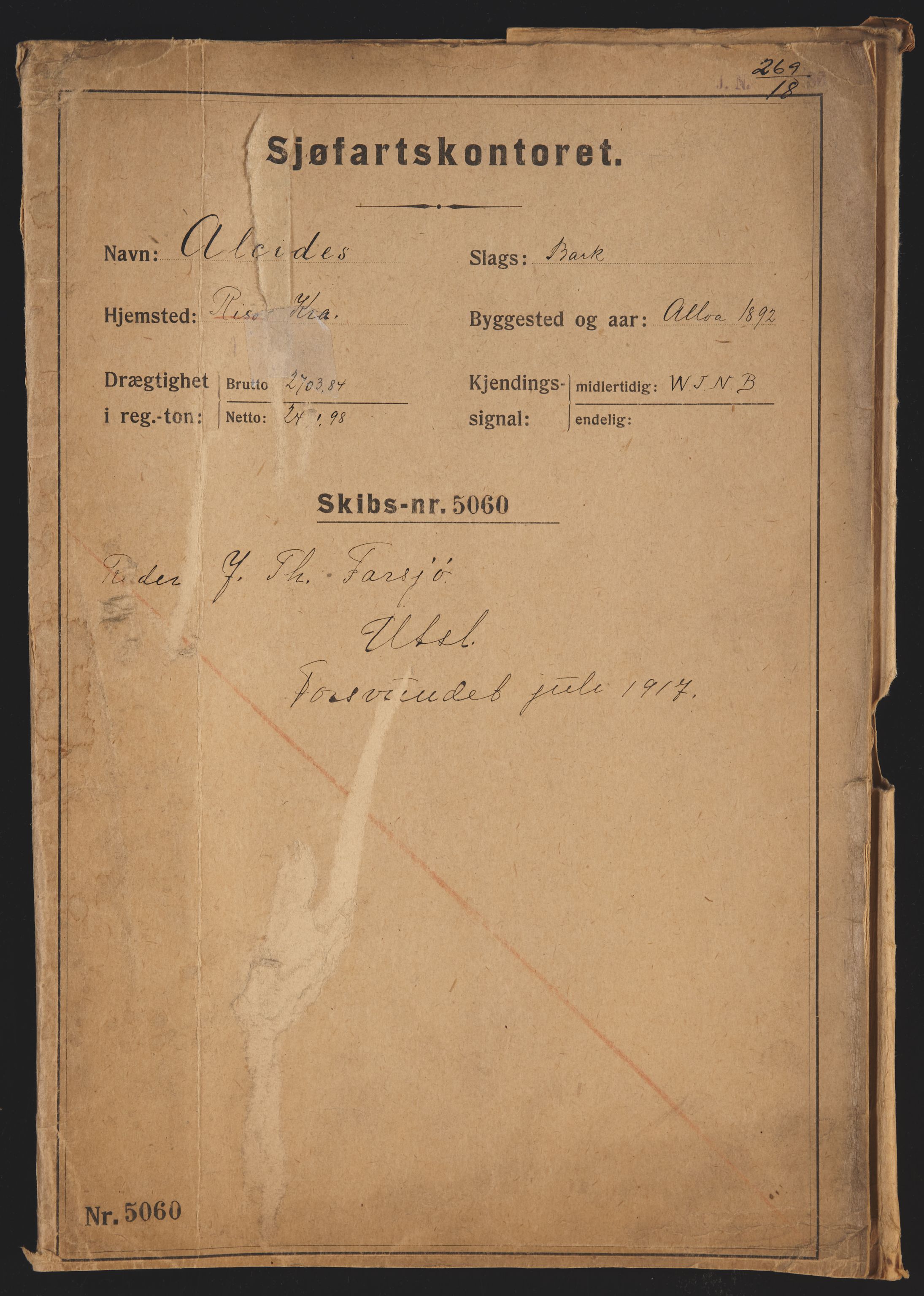 Sjøfartsdirektoratet med forløpere, skipsmapper slettede skip, RA/S-4998/F/Fa/L0018: --, 1877-1921, p. 268