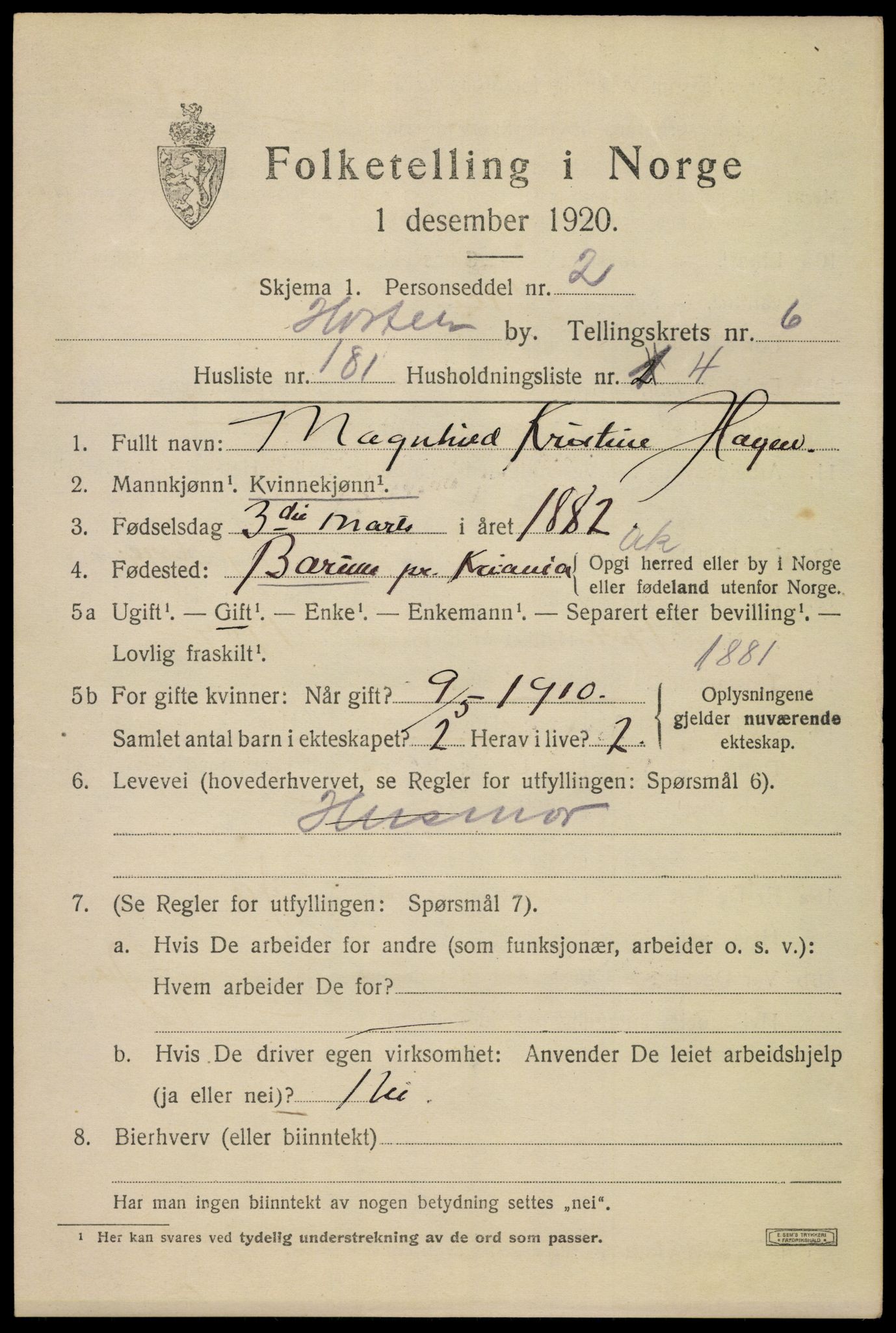 SAKO, 1920 census for Horten, 1920, p. 25463