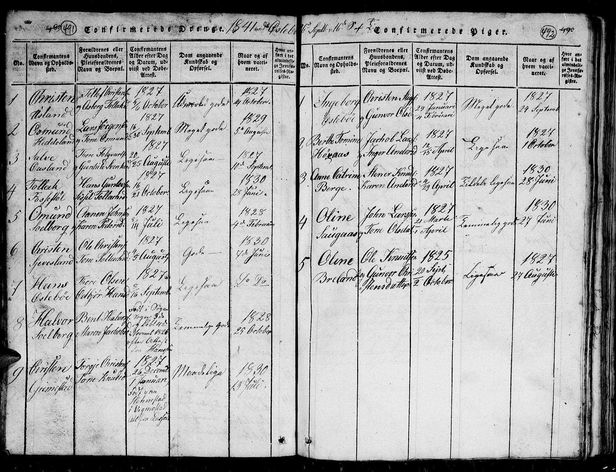 Holum sokneprestkontor, SAK/1111-0022/F/Fb/Fbc/L0001: Parish register (copy) no. B 1, 1820-1859, p. 491-492