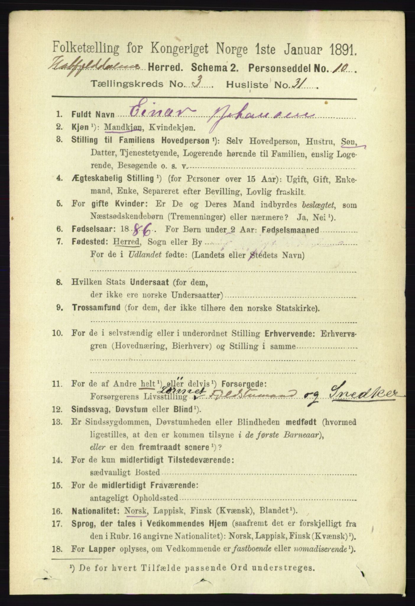 RA, 1891 census for 1826 Hattfjelldal, 1891, p. 883