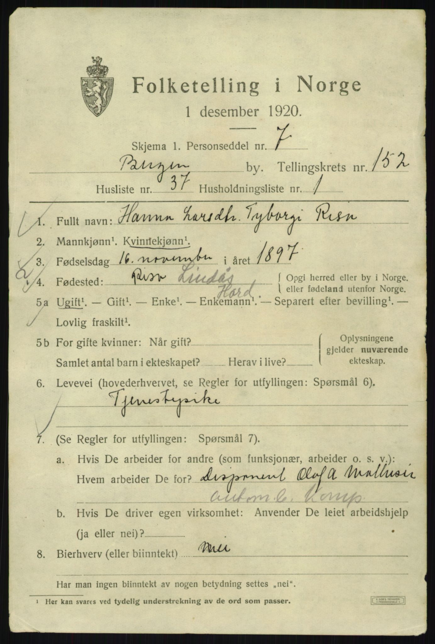 SAB, 1920 census for Bergen, 1920, p. 247407