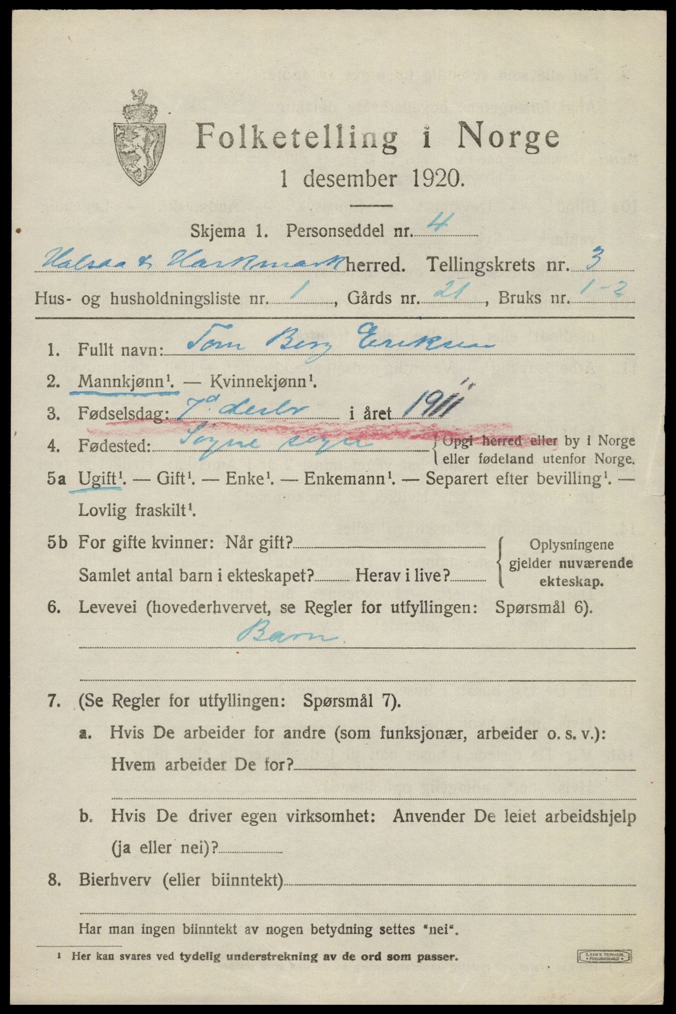 SAK, 1920 census for Halse og Harkmark, 1920, p. 2415