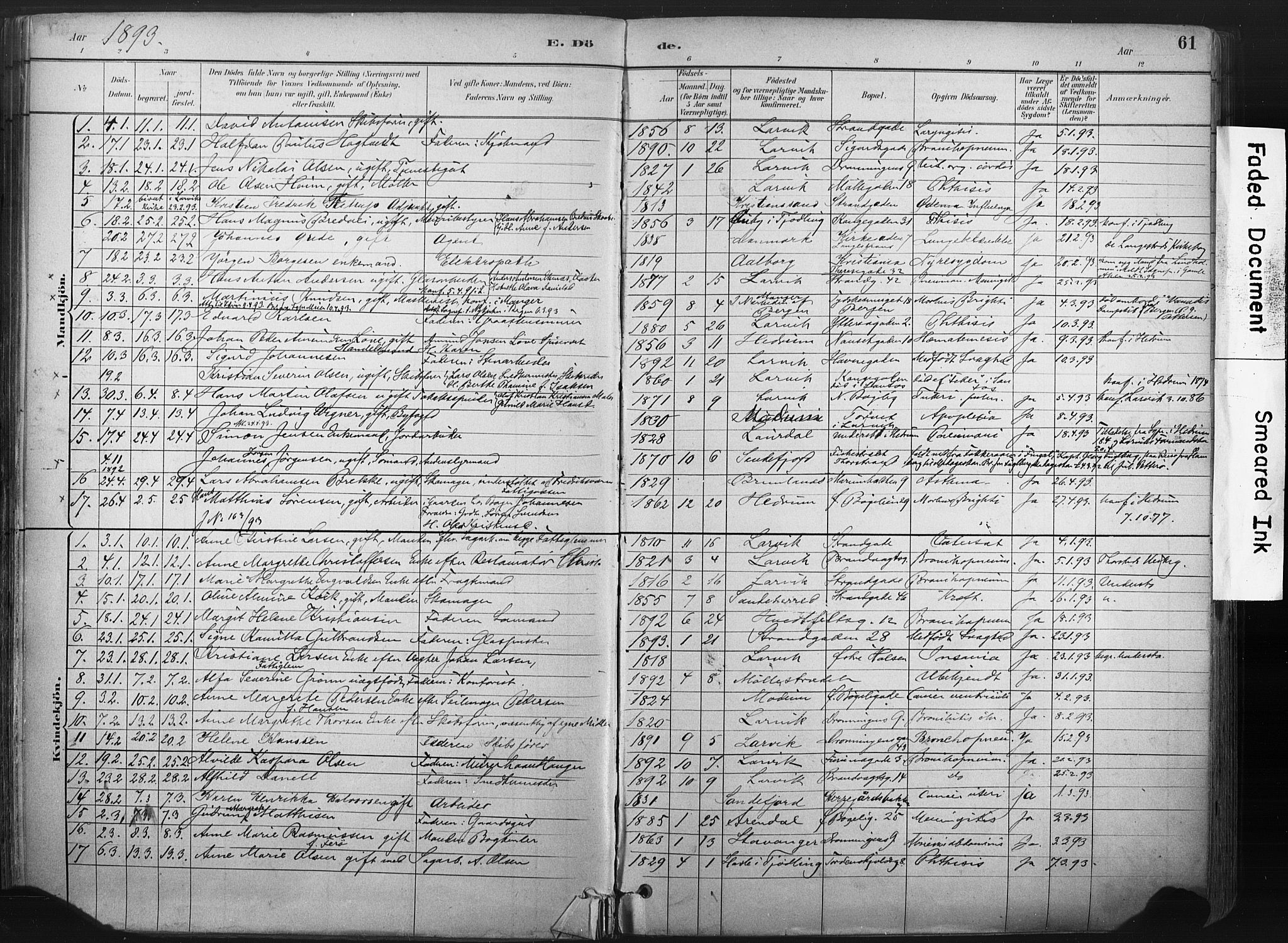 Larvik kirkebøker, AV/SAKO-A-352/F/Fa/L0010: Parish register (official) no. I 10, 1884-1910, p. 61