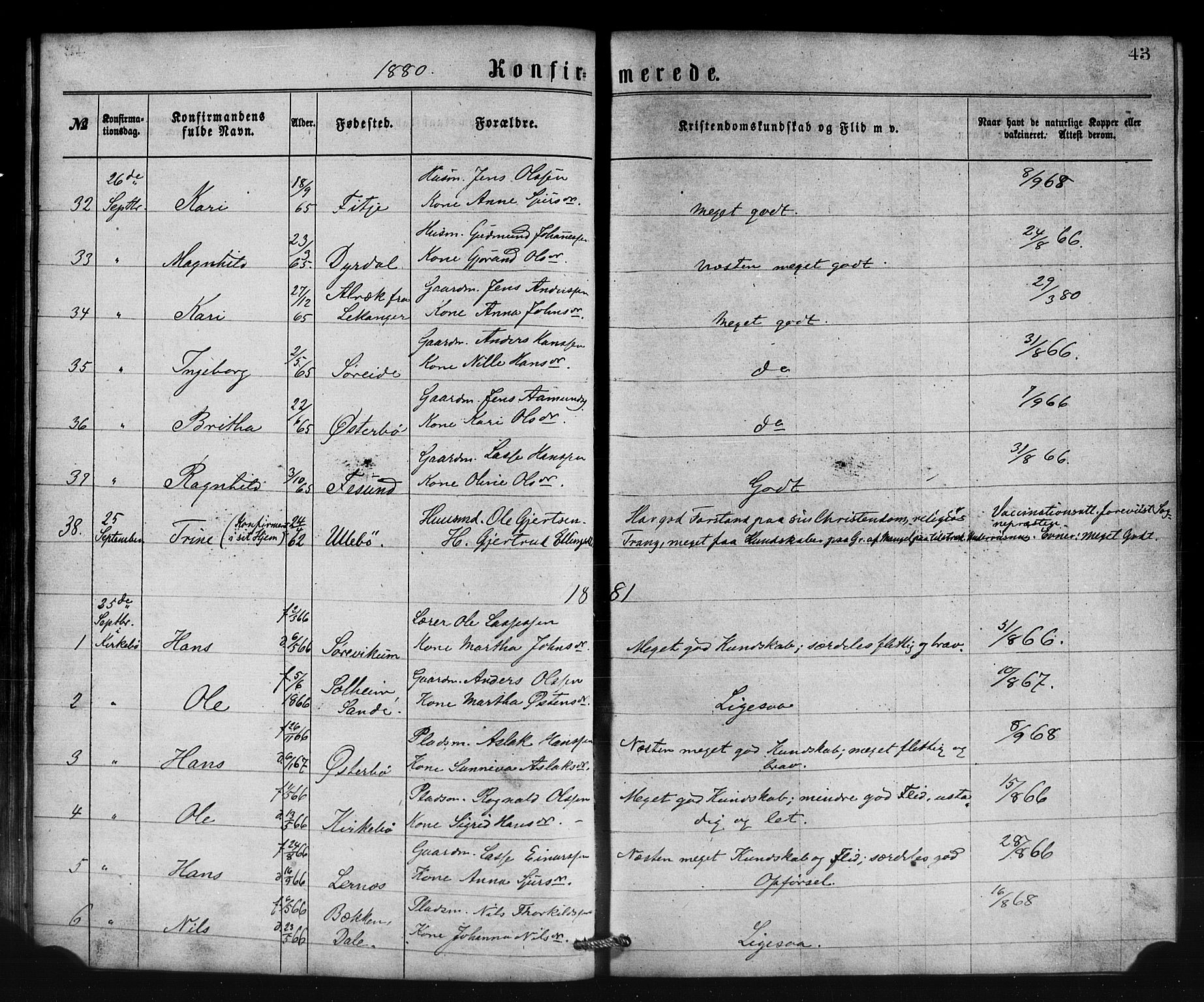 Lavik sokneprestembete, AV/SAB-A-80901: Parish register (copy) no. B 2, 1870-1881, p. 43