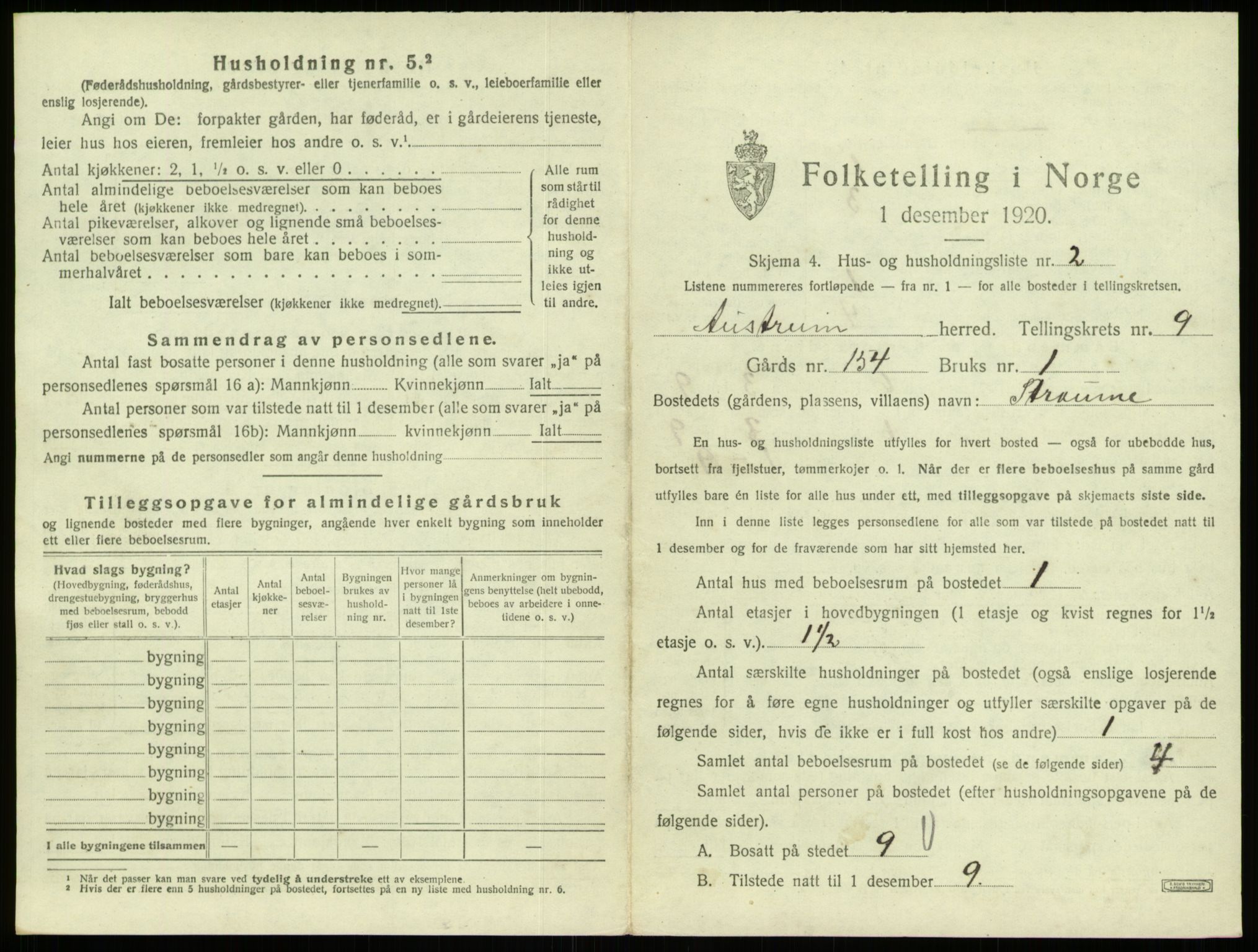 SAB, 1920 census for Austrheim, 1920, p. 423