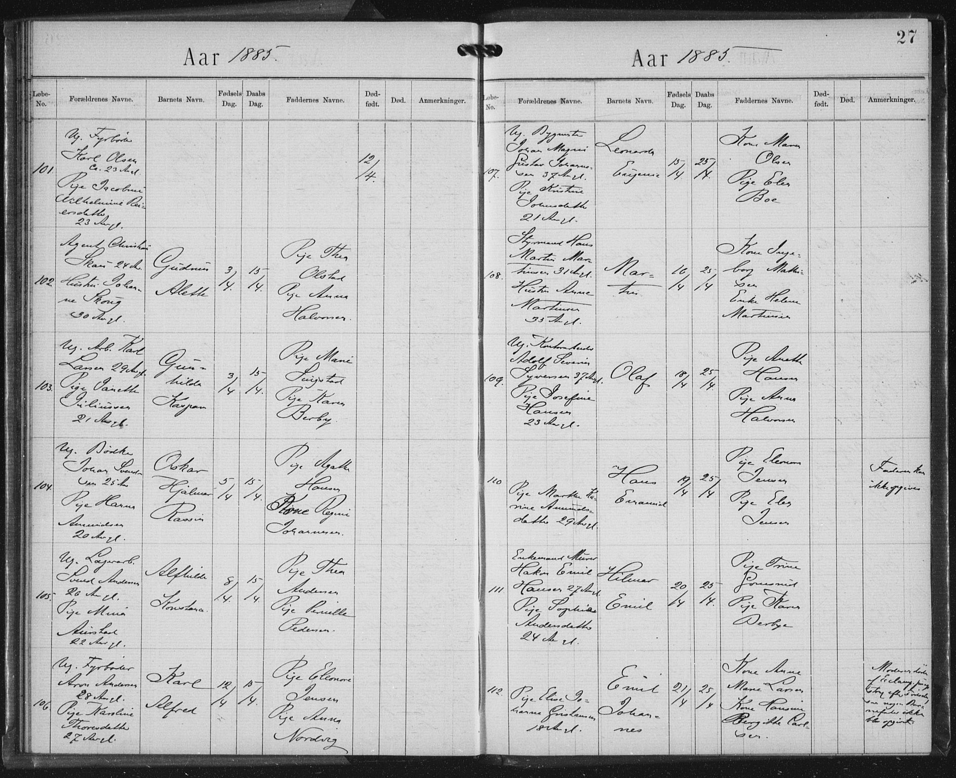 Rikshospitalet prestekontor Kirkebøker, SAO/A-10309b/K/L0003/0002: Baptism register no. 3.2, 1884-1889, p. 27