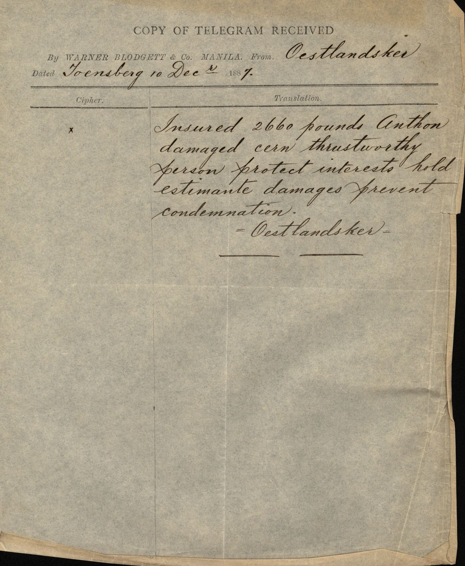 Pa 63 - Østlandske skibsassuranceforening, VEMU/A-1079/G/Ga/L0020/0003: Havaridokumenter / Anton, Diamant, Templar, Finn, Eliezer, Arctic, 1887, p. 17