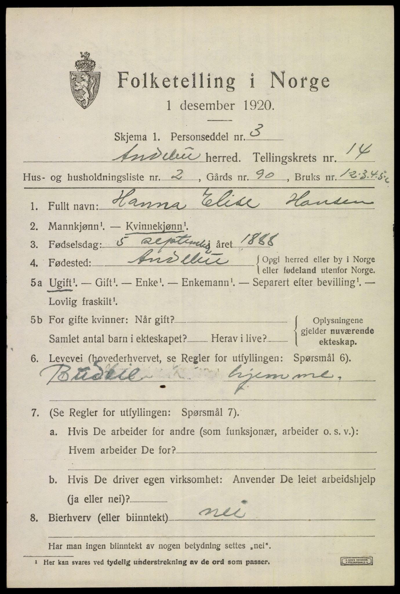 SAKO, 1920 census for Andebu, 1920, p. 5116