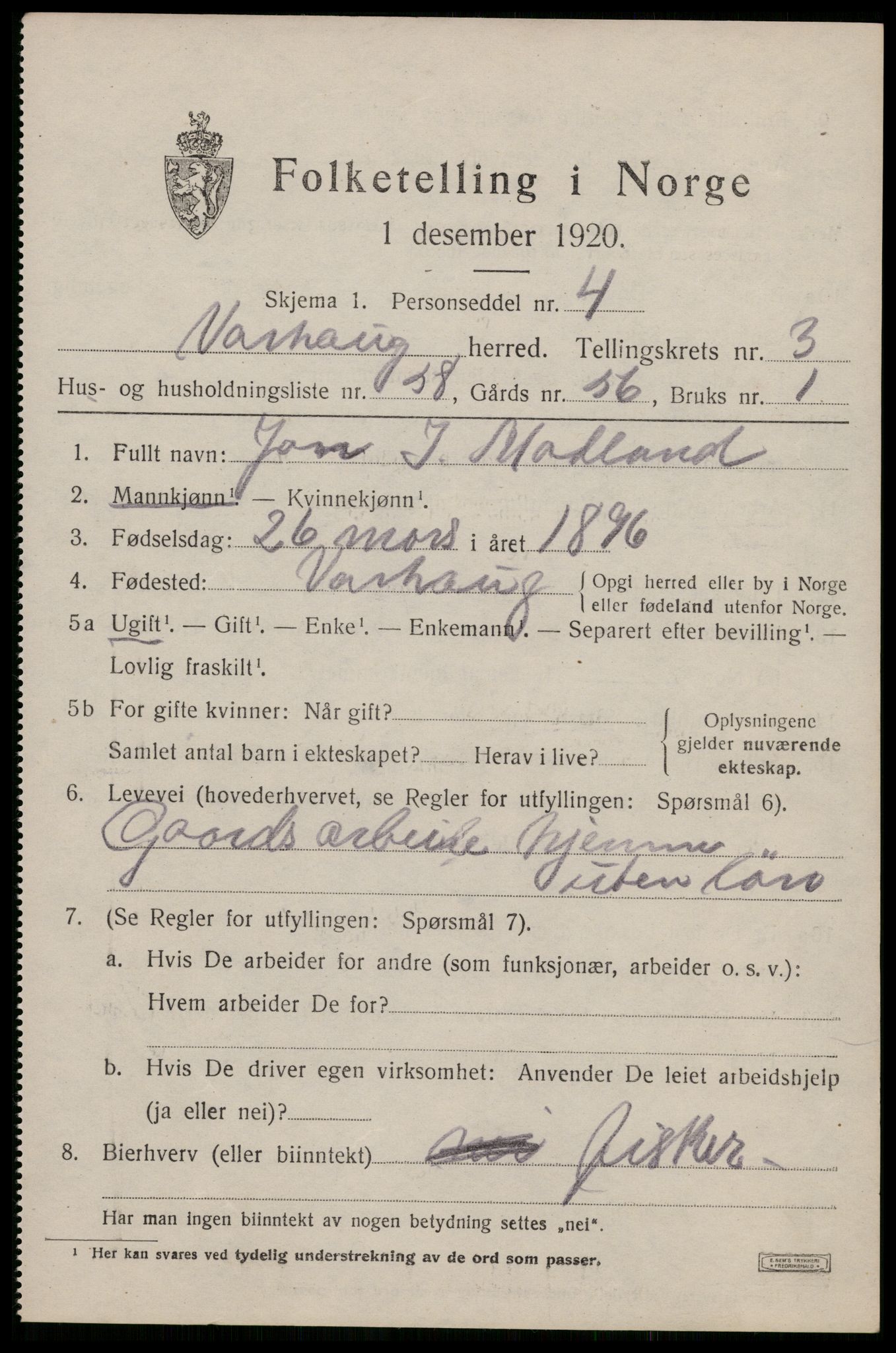 SAST, 1920 census for Varhaug, 1920, p. 3605