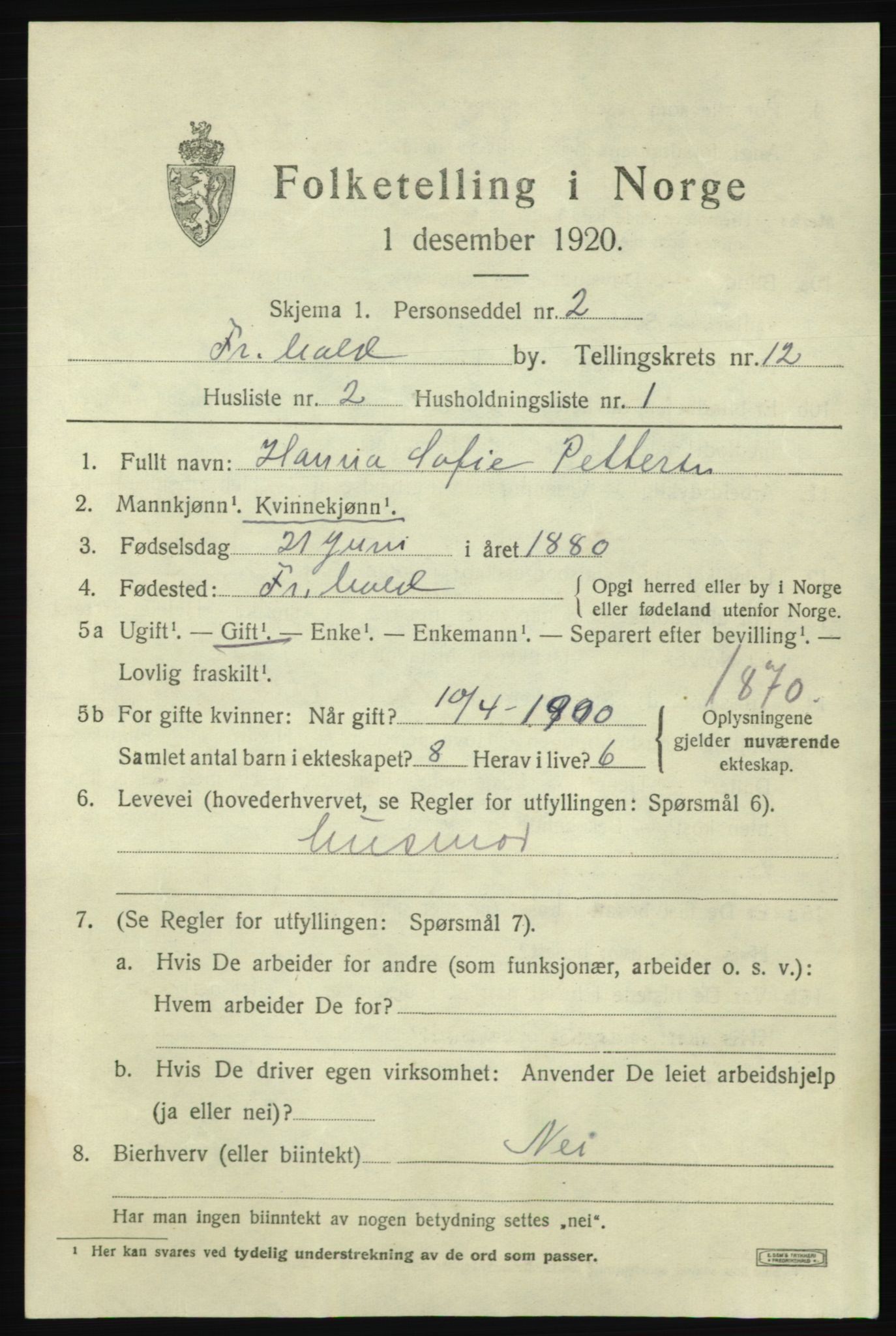 SAO, 1920 census for Fredrikshald, 1920, p. 19851