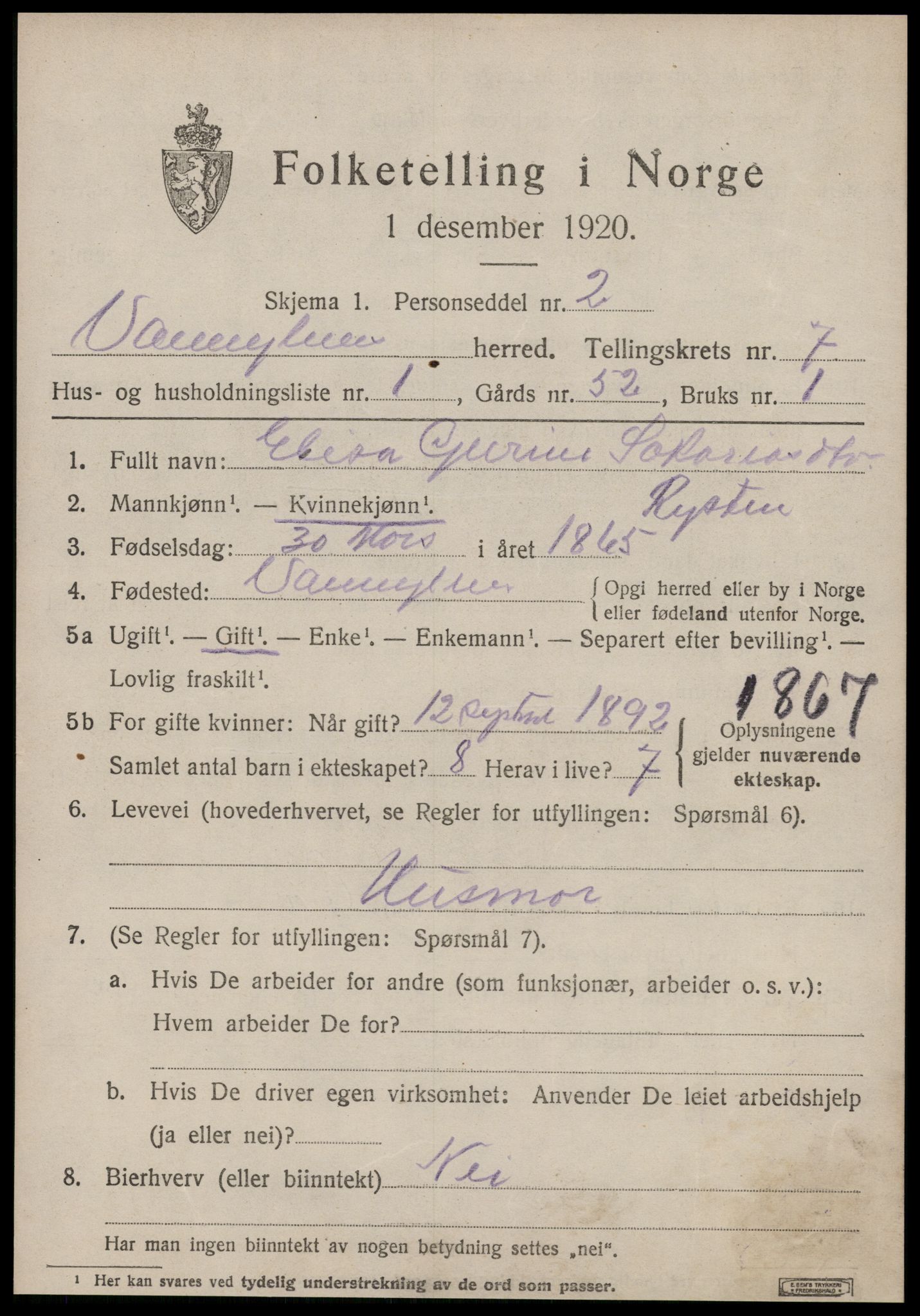 SAT, 1920 census for Vanylven, 1920, p. 4019