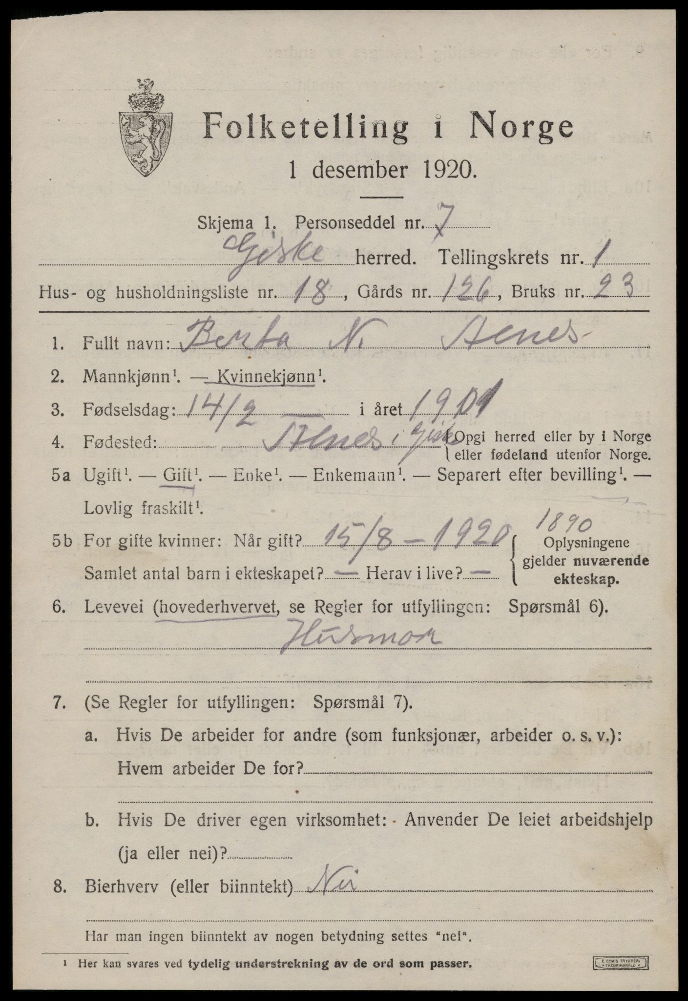 SAT, 1920 census for Giske, 1920, p. 832