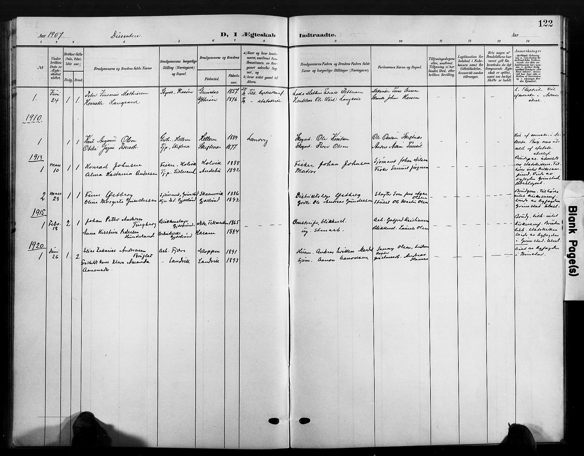 Hommedal sokneprestkontor, SAK/1111-0023/F/Fb/Fbb/L0008: Parish register (copy) no. B 8, 1905-1929, p. 122