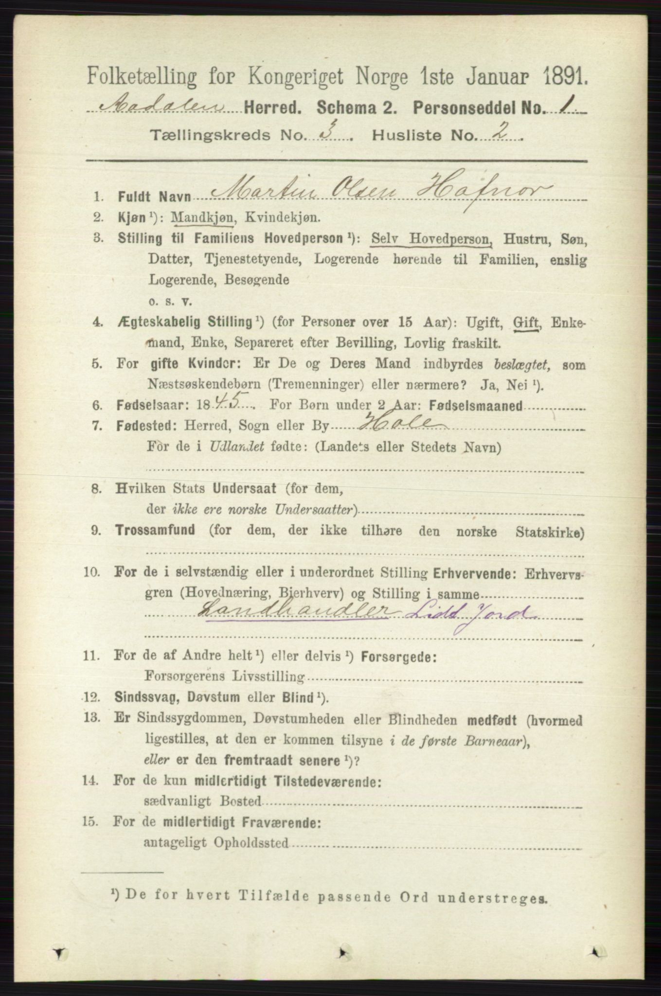 RA, 1891 census for 0614 Ådal, 1891, p. 1040