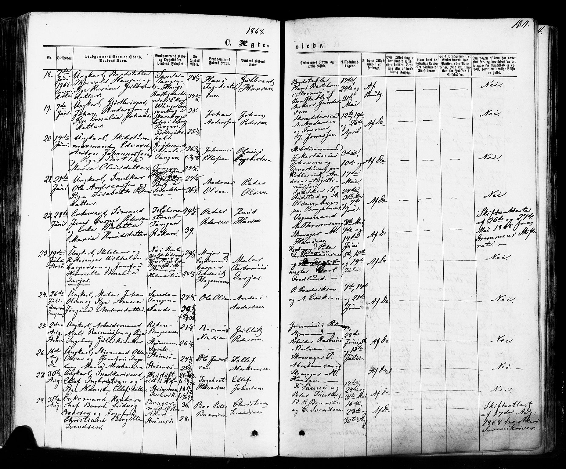 Strømsø kirkebøker, SAKO/A-246/F/Fa/L0018: Parish register (official) no. I 18, 1865-1878, p. 130