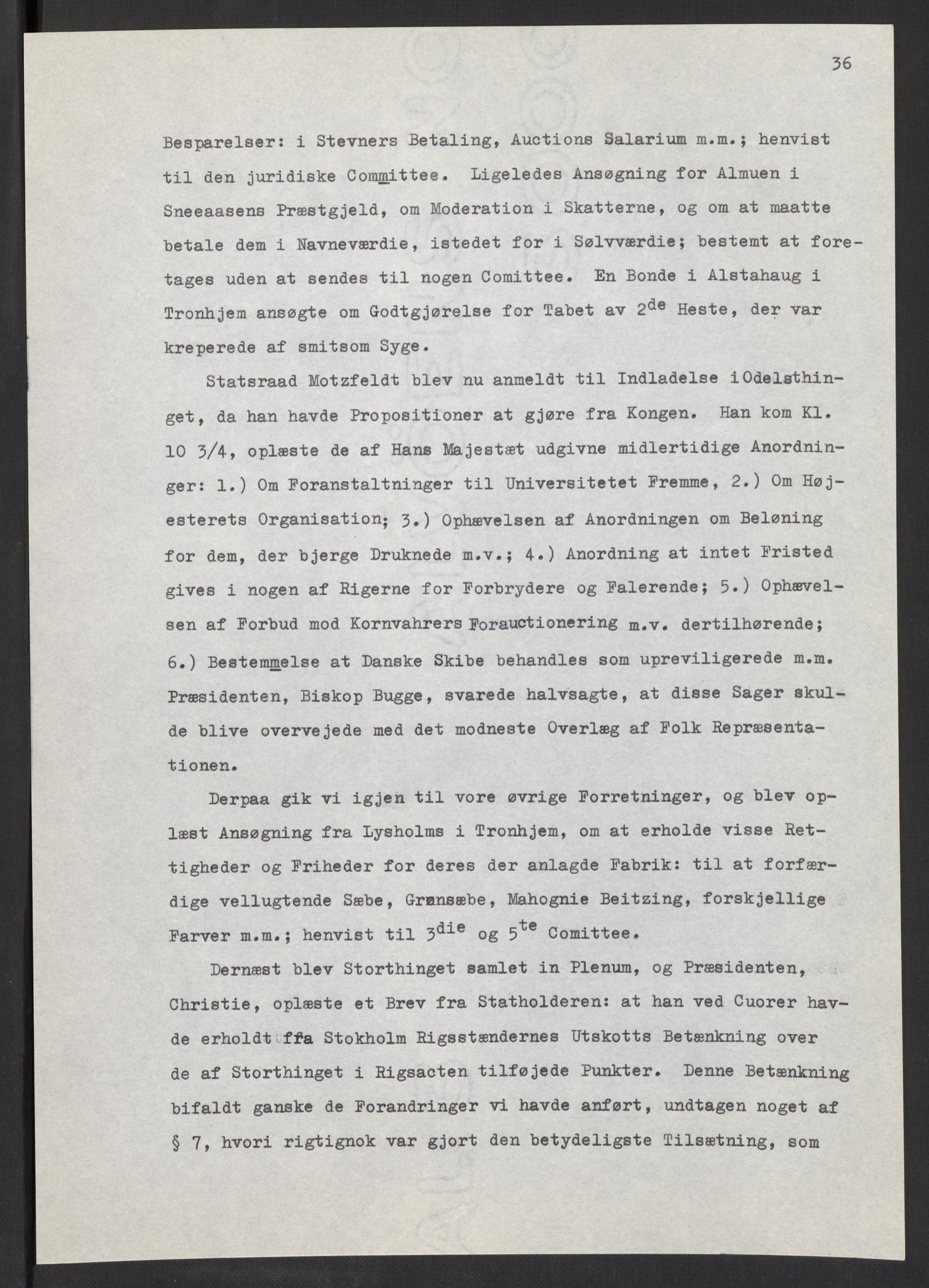 Manuskriptsamlingen, AV/RA-EA-3667/F/L0197: Wetlesen, Hans Jørgen (stortingsmann, ingeniørkaptein); Referat fra Stortinget 1815-1816, 1815-1816, p. 36