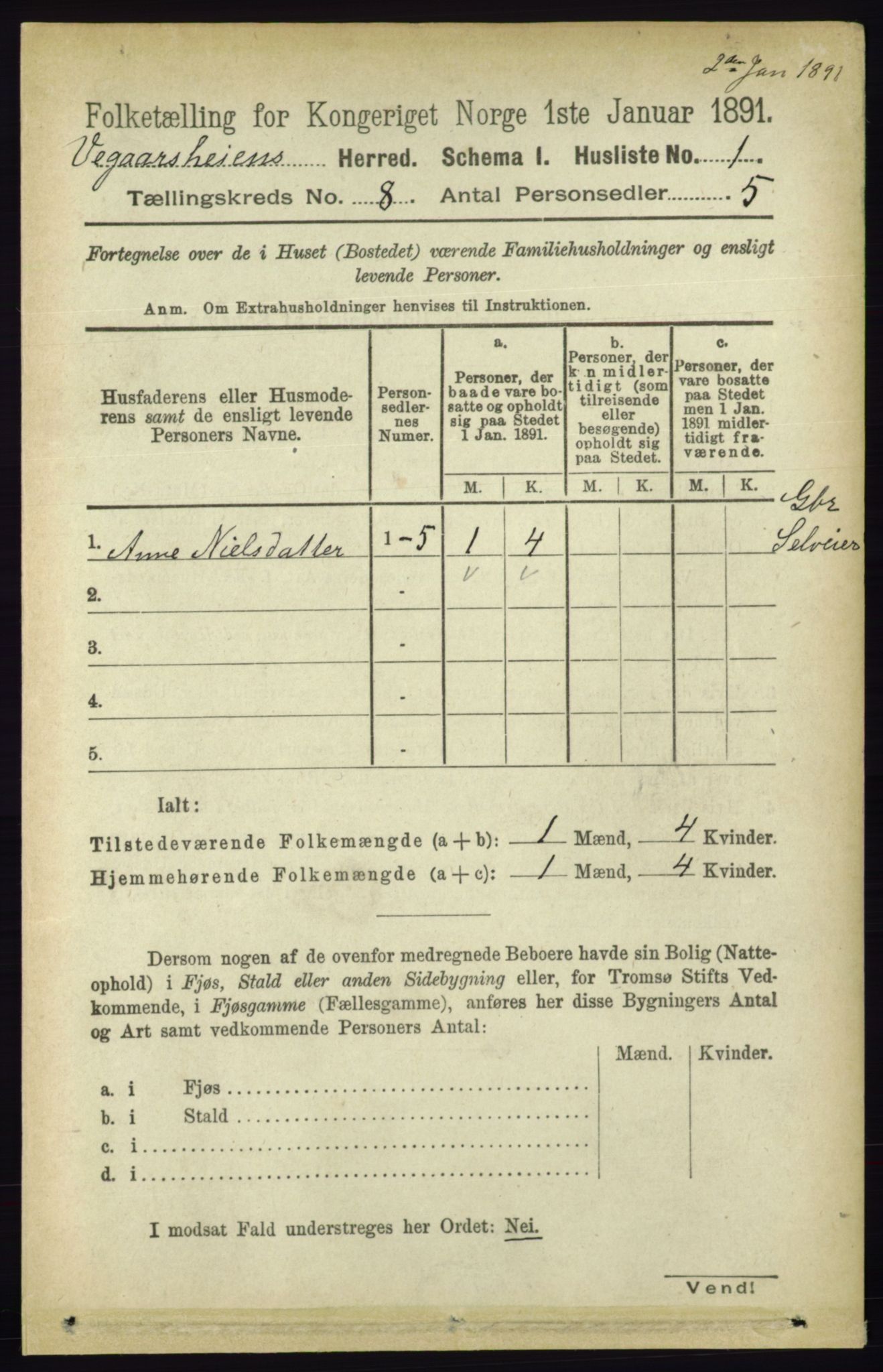 RA, 1891 census for 0912 Vegårshei, 1891, p. 1490