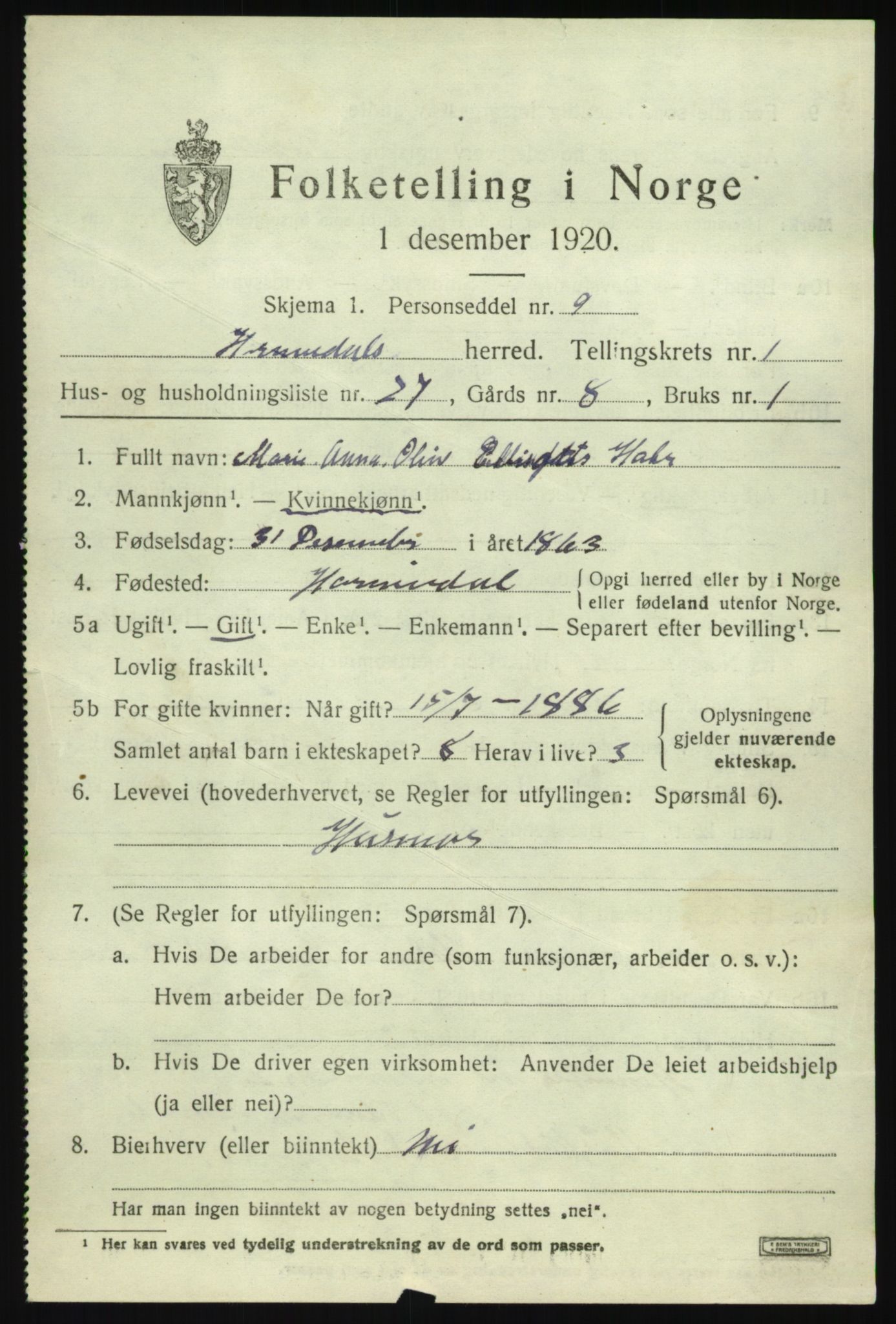 SAB, 1920 census for Hornindal, 1920, p. 936