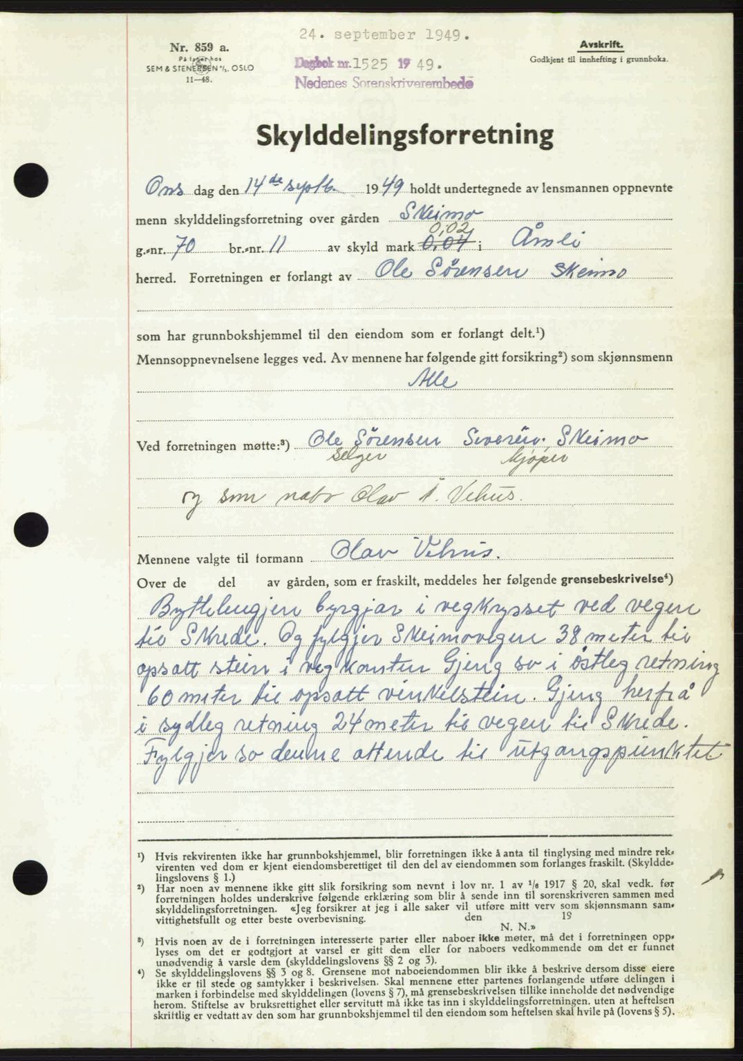 Nedenes sorenskriveri, AV/SAK-1221-0006/G/Gb/Gba/L0061: Mortgage book no. A13, 1949-1949, Diary no: : 1525/1949