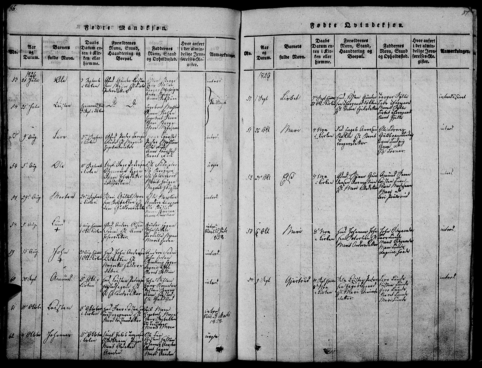 Ringebu prestekontor, SAH/PREST-082/H/Ha/Haa/L0004: Parish register (official) no. 4, 1821-1839, p. 86-87