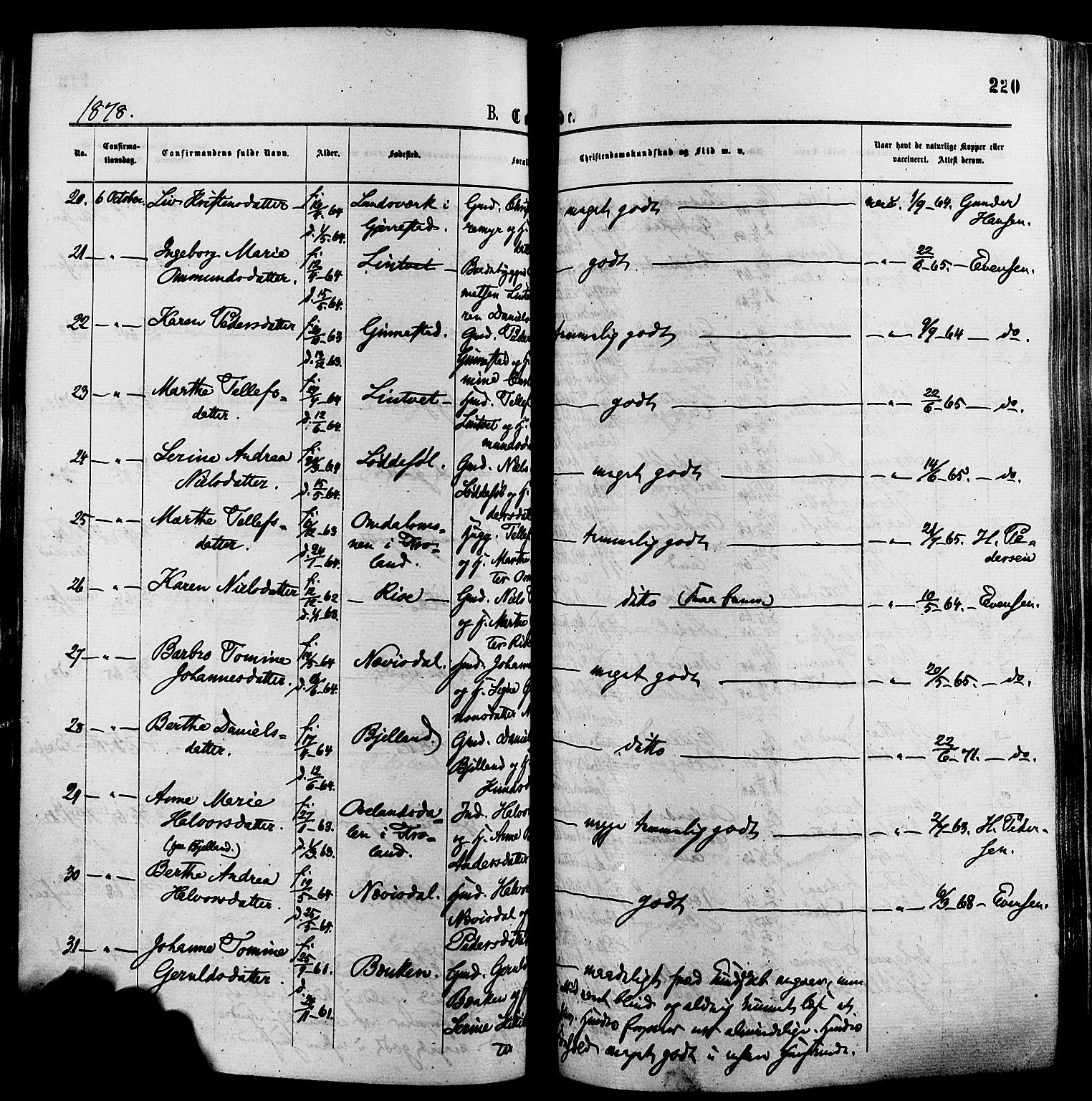 Øyestad sokneprestkontor, AV/SAK-1111-0049/F/Fa/L0016: Parish register (official) no. A 16, 1874-1886, p. 220