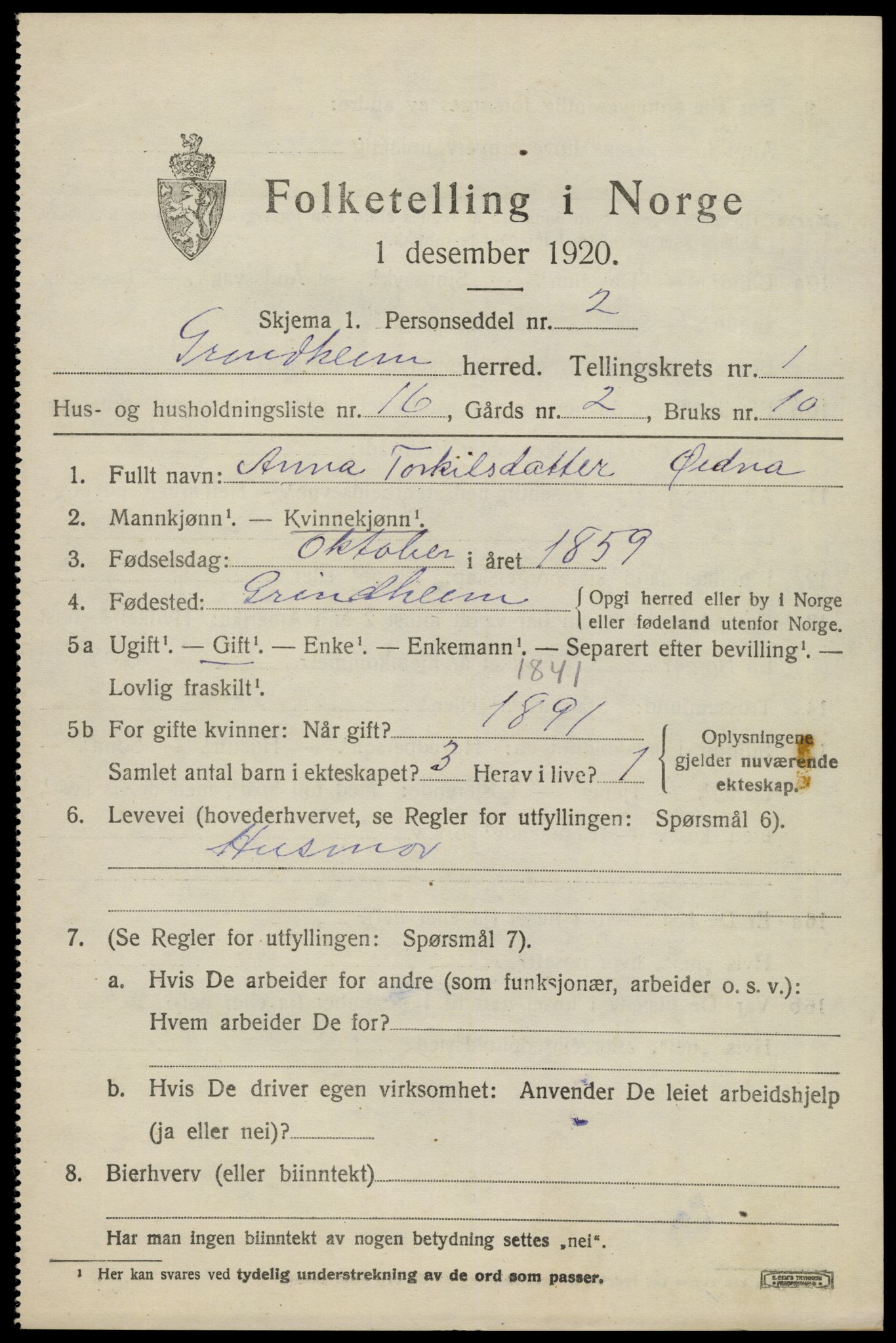 SAK, 1920 census for Grindheim, 1920, p. 559