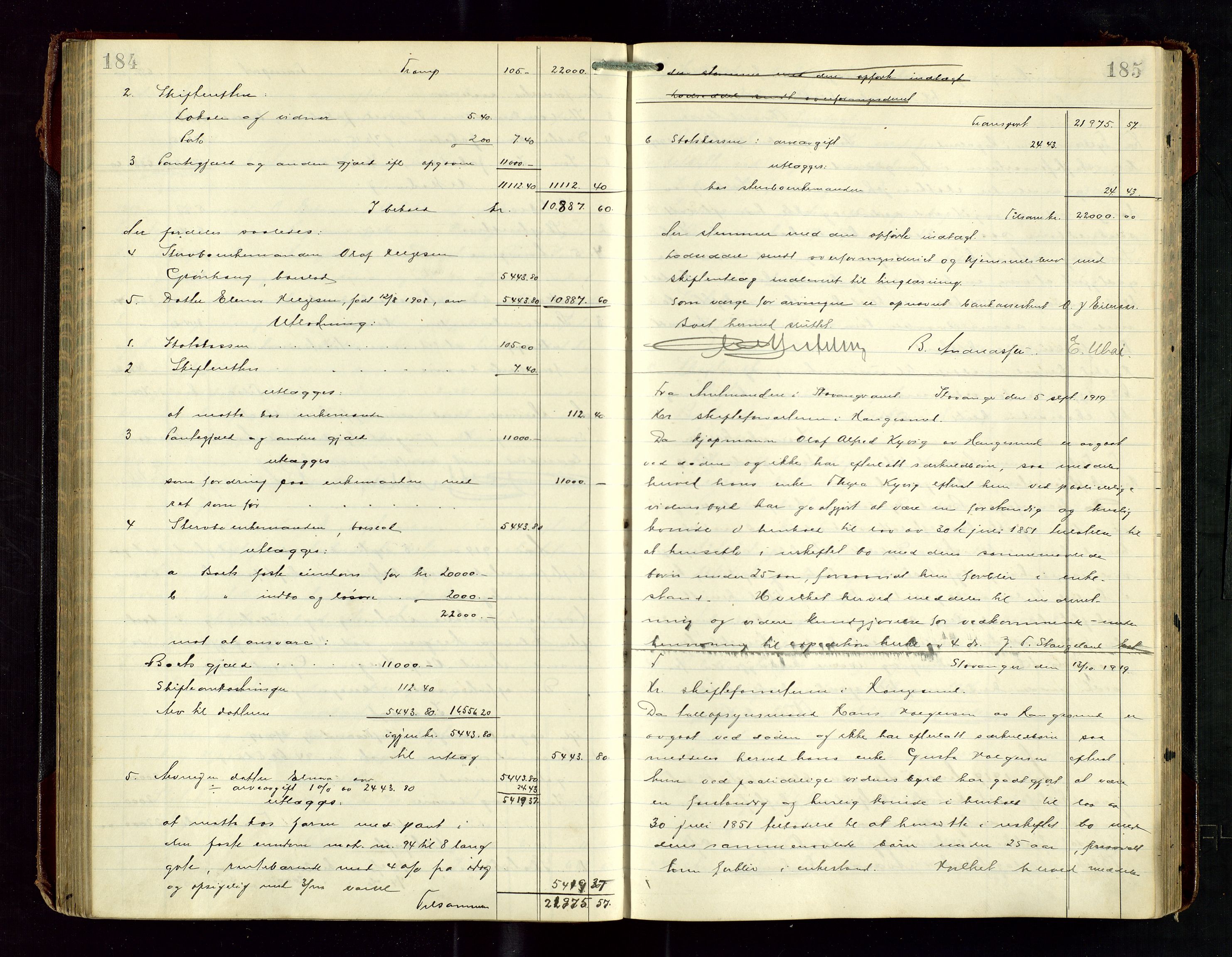 Haugesund tingrett, AV/SAST-A-101415/01/IV/IVD/L0003: Skifteutlodningsprotokoll, med register, 1915-1924, p. 184-185