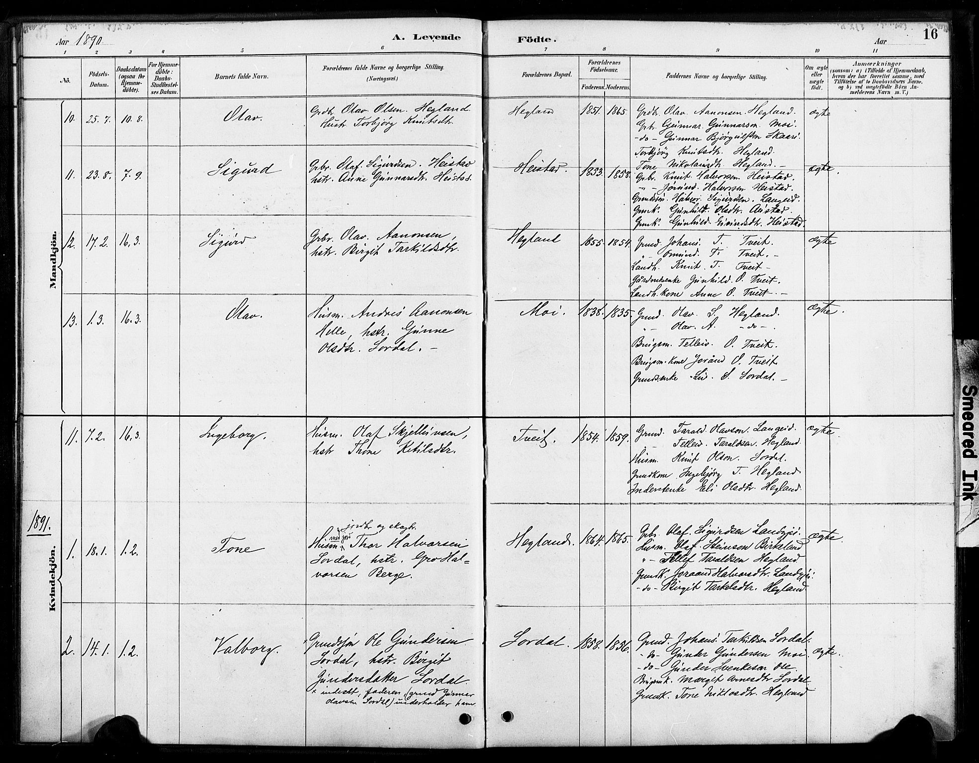Bygland sokneprestkontor, SAK/1111-0006/F/Fa/Faa/L0001: Parish register (official) no. A 1, 1885-1908, p. 16