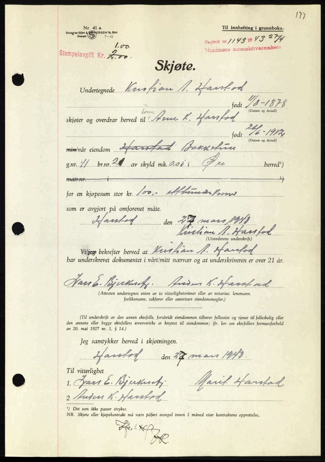 Nordmøre sorenskriveri, AV/SAT-A-4132/1/2/2Ca: Mortgage book no. A95, 1943-1943, Diary no: : 1143/1943