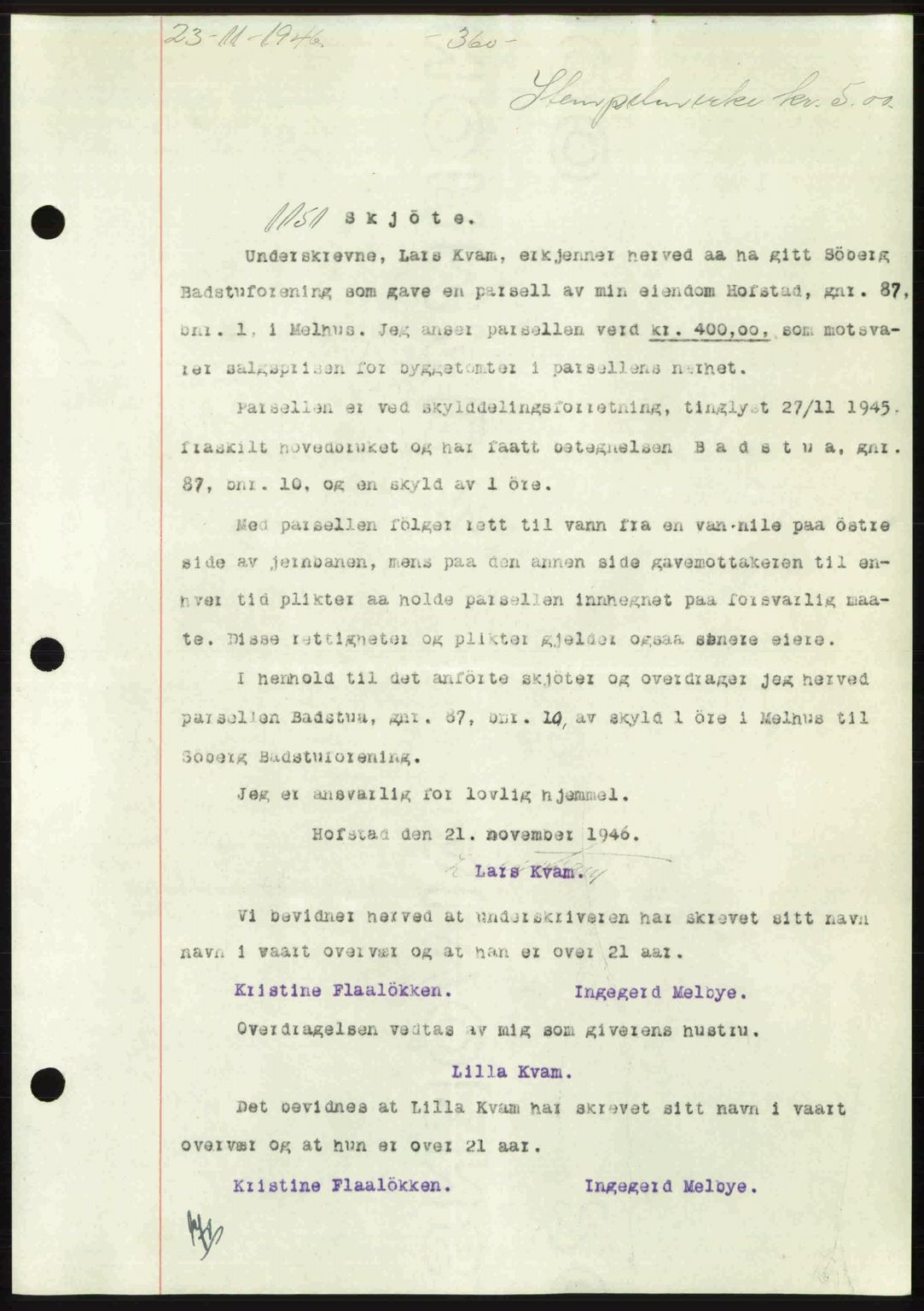 Gauldal sorenskriveri, SAT/A-0014/1/2/2C: Mortgage book no. A2, 1946-1946, Diary no: : 1151/1946