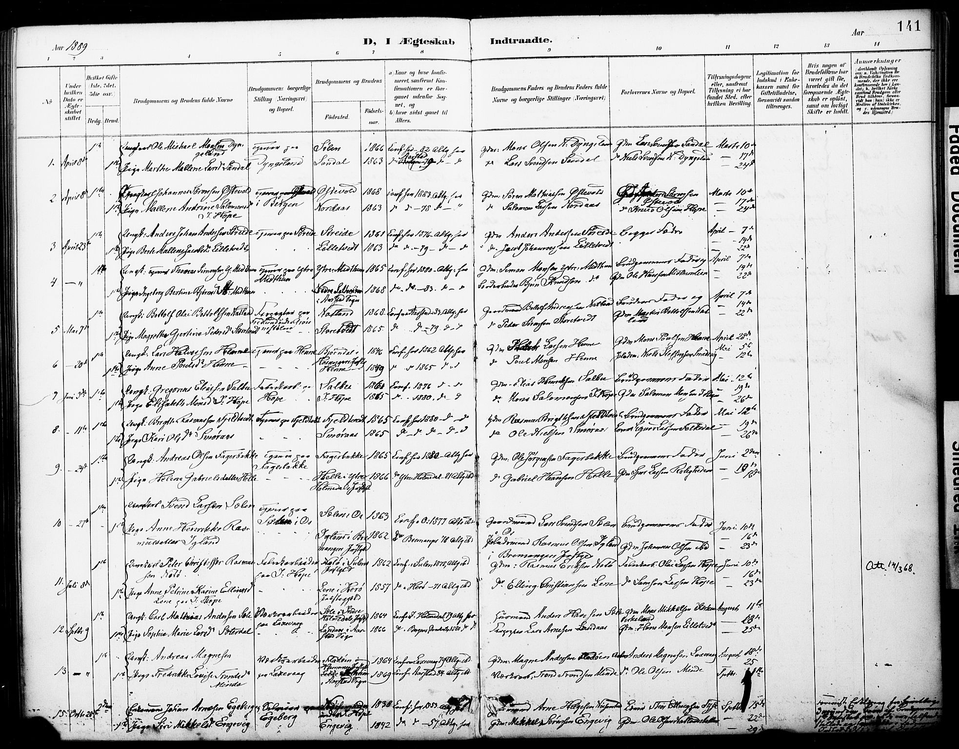 Fana Sokneprestembete, AV/SAB-A-75101/H/Haa/Haai/L0002: Parish register (official) no. I 2, 1888-1899, p. 141