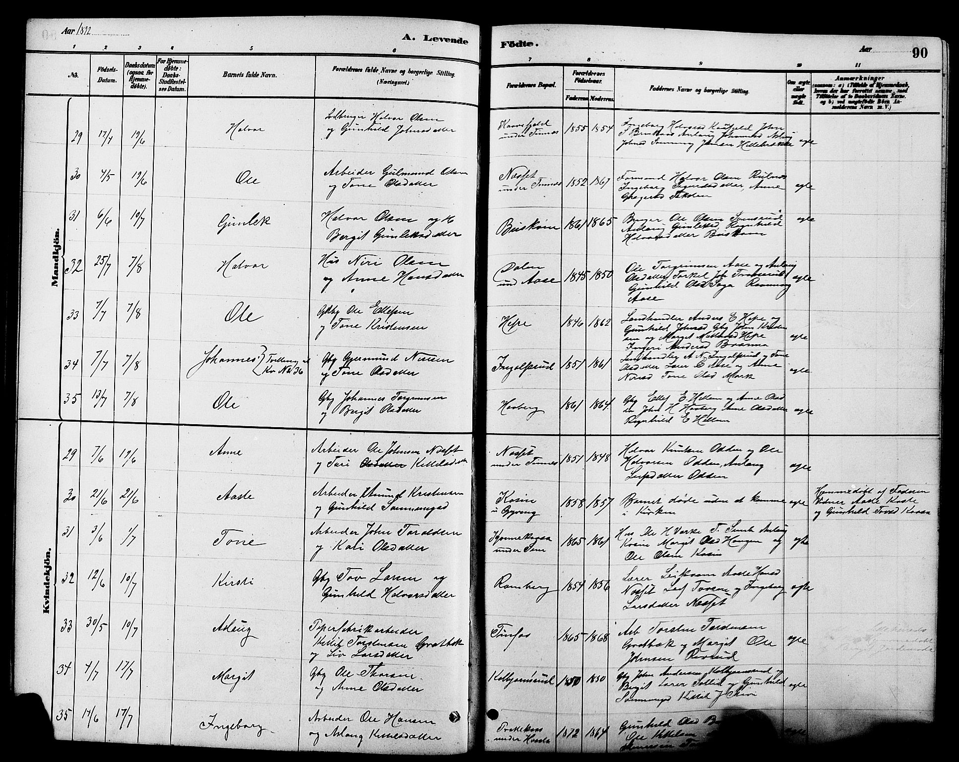 Heddal kirkebøker, AV/SAKO-A-268/G/Ga/L0002: Parish register (copy) no. I 2, 1879-1908, p. 90