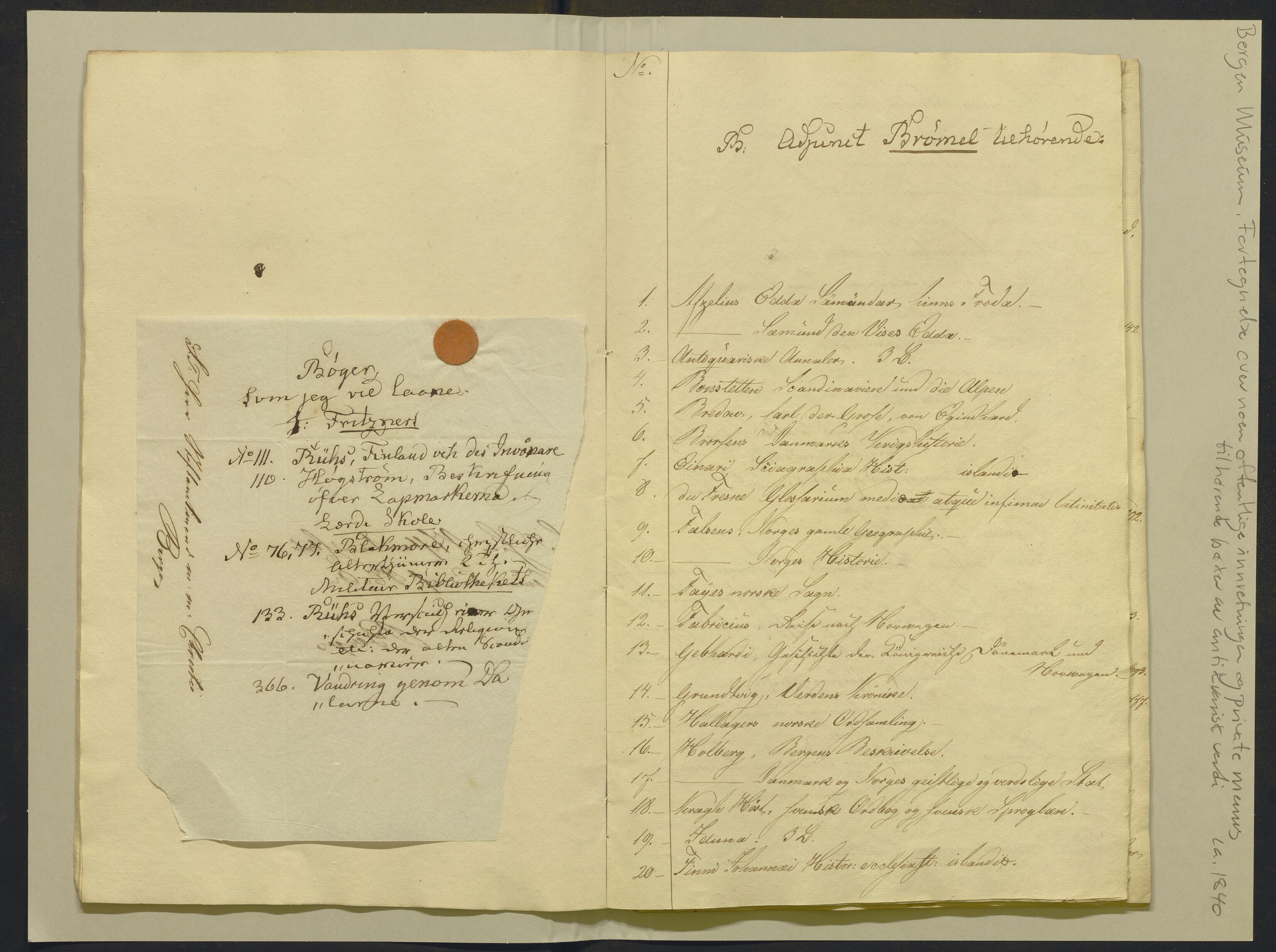 Bergens Museum, AV/SAB-A-17301/02/F/L0001: Kataloger over gjenstander og pergamentbrev , 1825-1880, p. 197