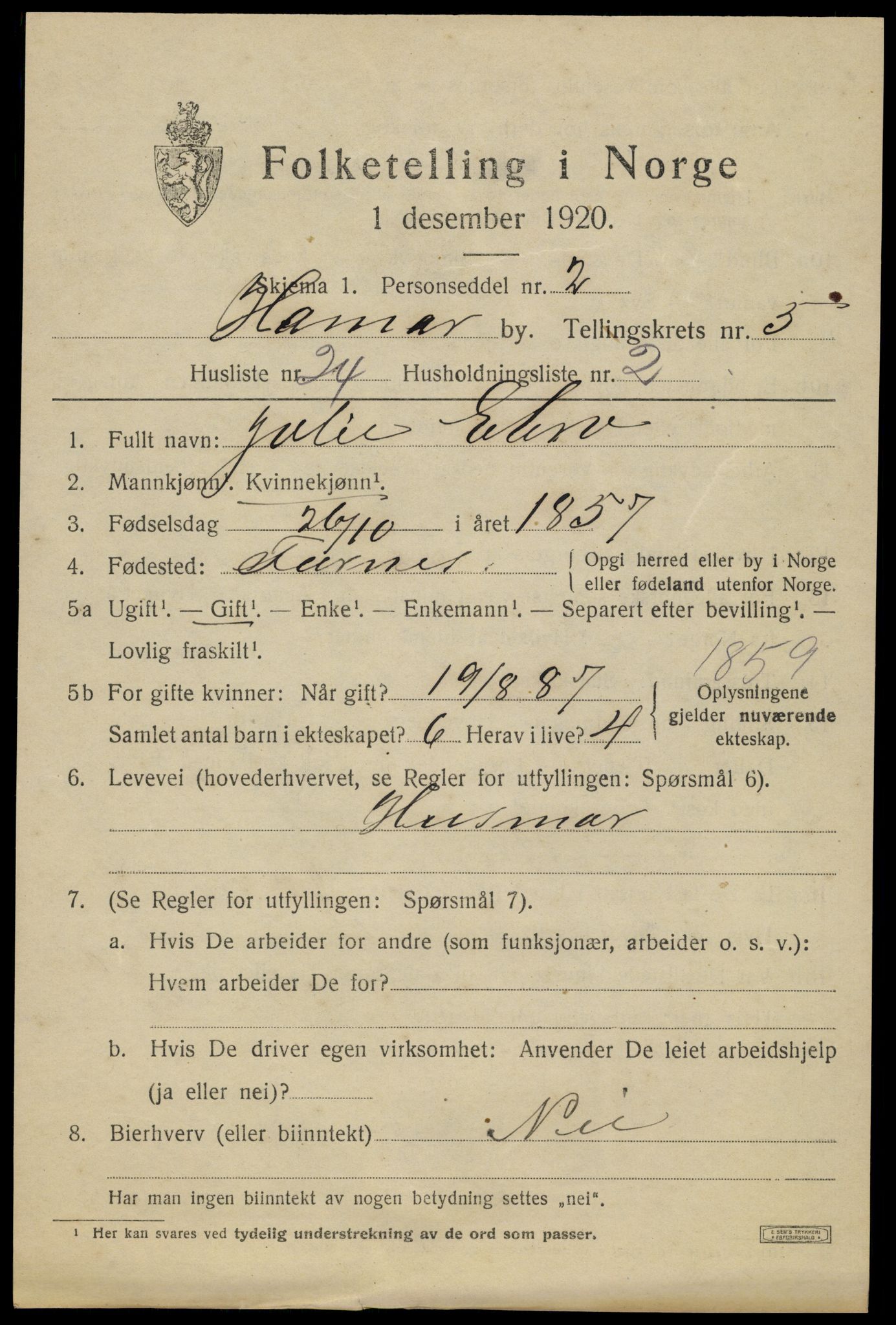 SAH, 1920 census for Hamar, 1920, p. 9967
