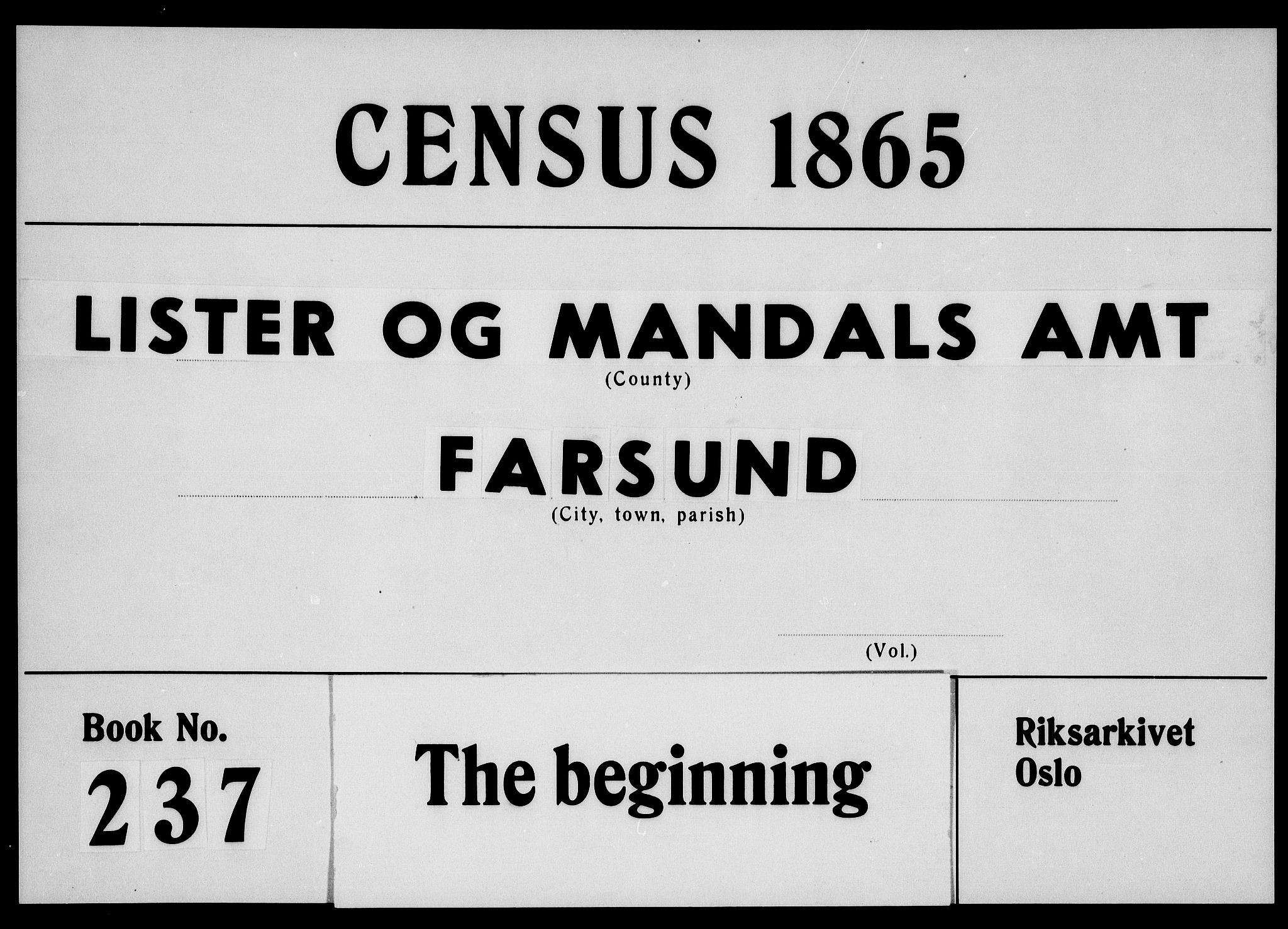 RA, 1865 census for Vanse/Farsund, 1865, p. 1