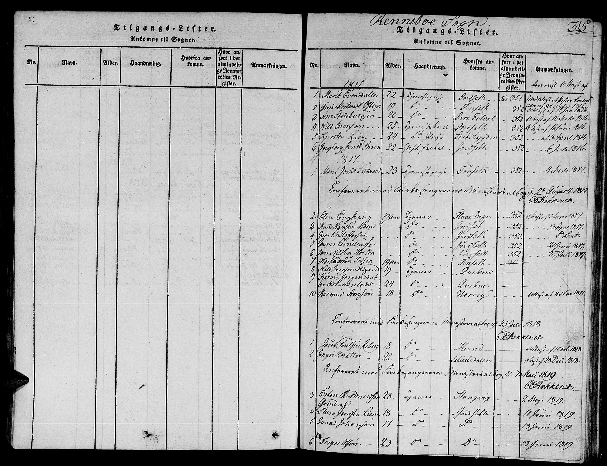 Ministerialprotokoller, klokkerbøker og fødselsregistre - Sør-Trøndelag, SAT/A-1456/672/L0854: Parish register (official) no. 672A06 /2, 1816-1829, p. 315