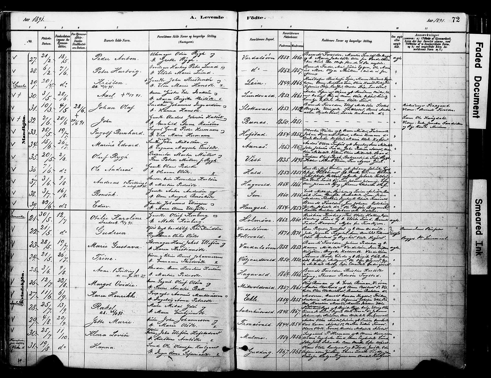 Ministerialprotokoller, klokkerbøker og fødselsregistre - Nord-Trøndelag, AV/SAT-A-1458/723/L0244: Parish register (official) no. 723A13, 1881-1899, p. 72