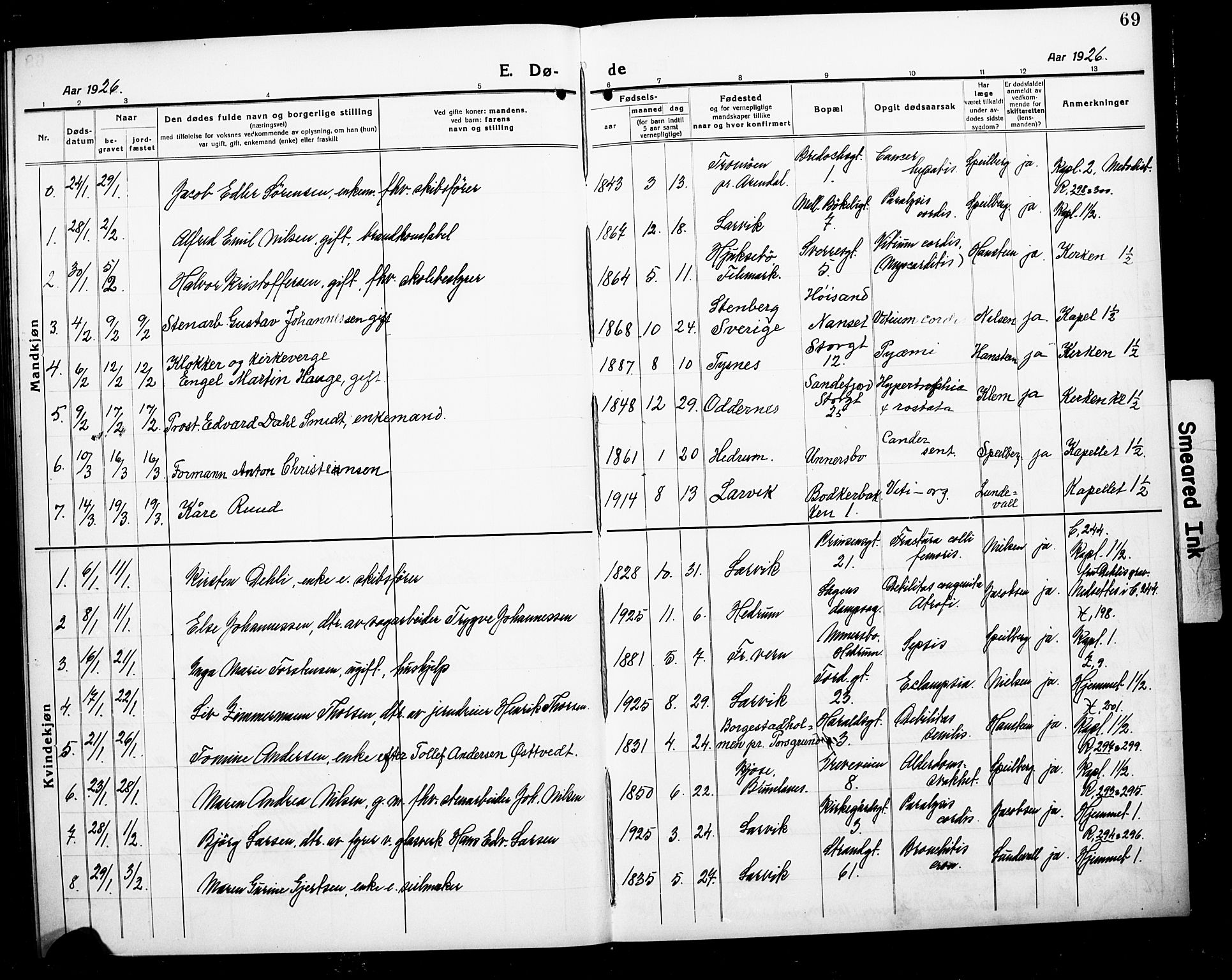 Larvik kirkebøker, AV/SAKO-A-352/G/Ga/L0010: Parish register (copy) no. I 10, 1919-1926, p. 69