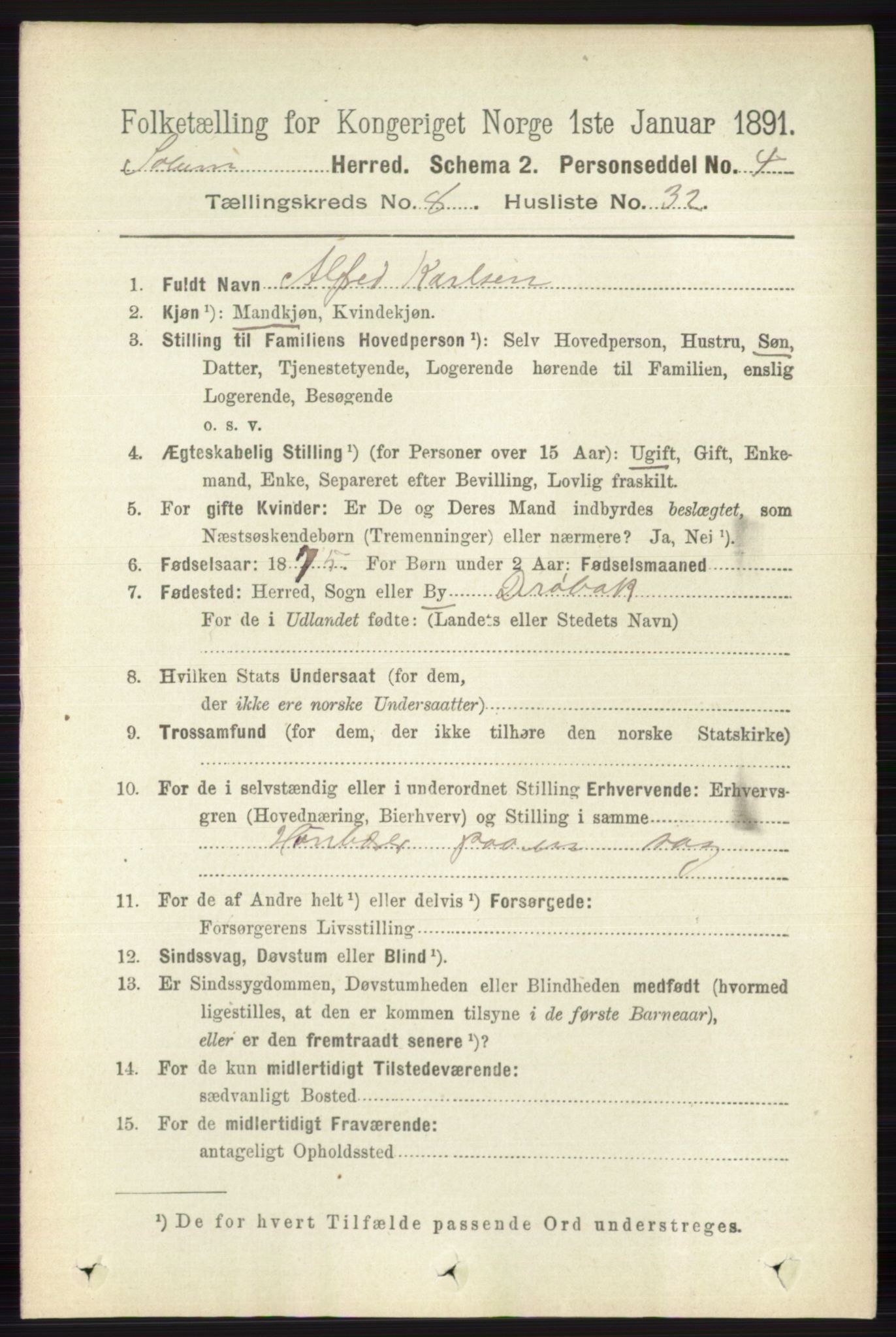 RA, 1891 census for 0818 Solum, 1891, p. 4309