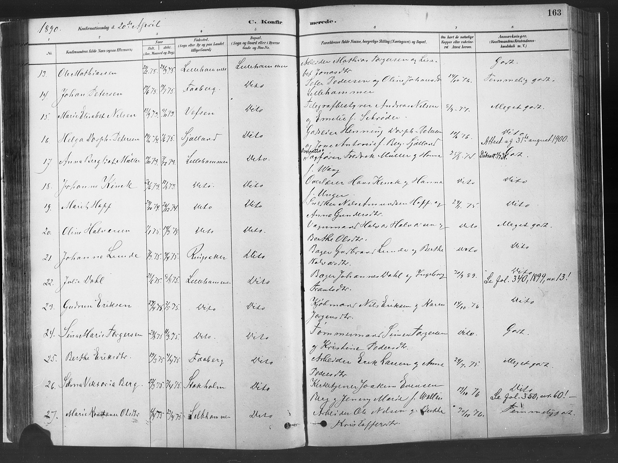 Fåberg prestekontor, SAH/PREST-086/H/Ha/Haa/L0010: Parish register (official) no. 10, 1879-1900, p. 163