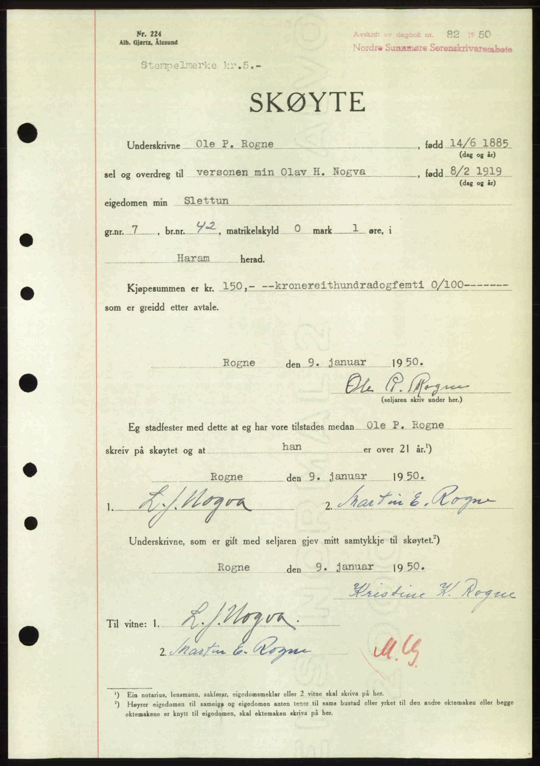 Nordre Sunnmøre sorenskriveri, AV/SAT-A-0006/1/2/2C/2Ca: Mortgage book no. A33, 1949-1950, Diary no: : 82/1950