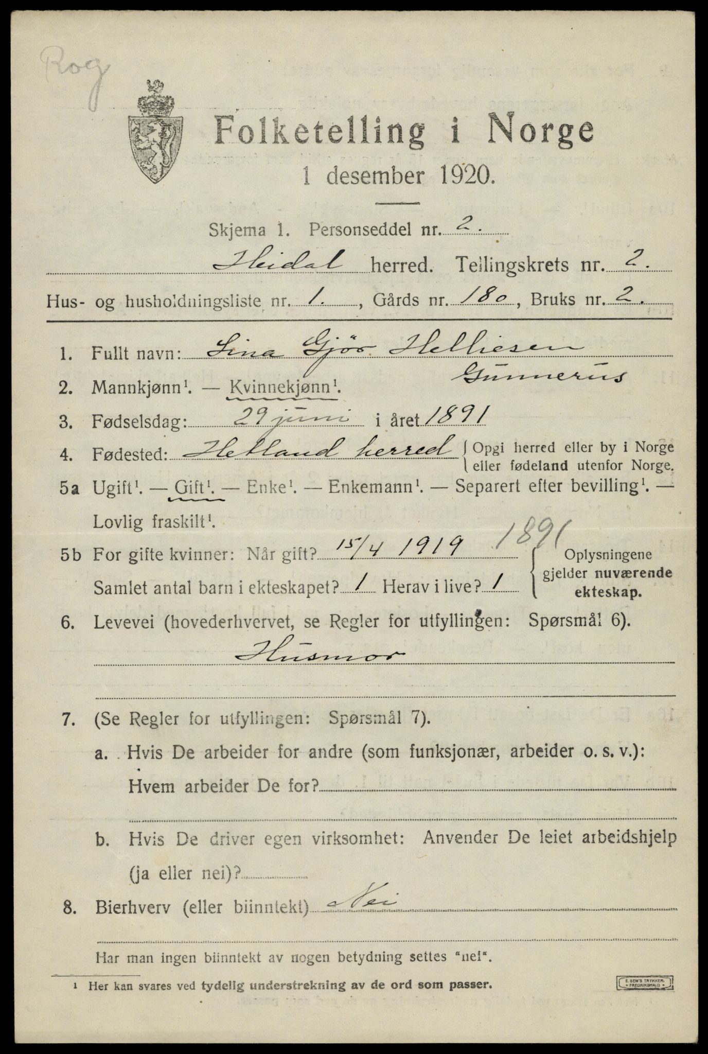 SAH, 1920 census for Heidal, 1920, p. 926