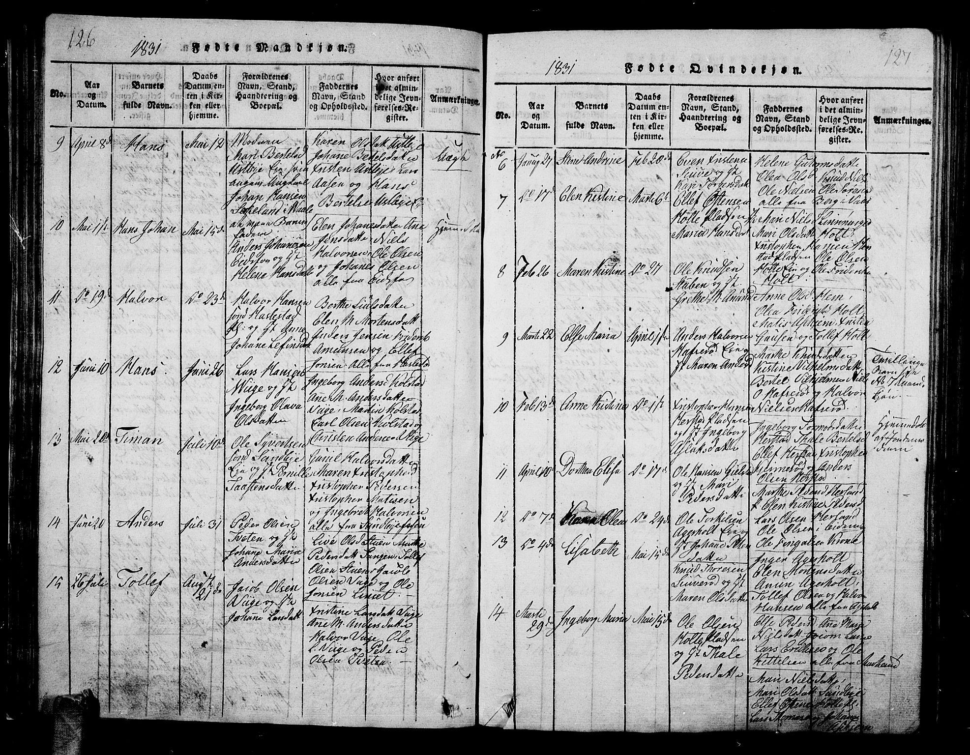 Hof kirkebøker, AV/SAKO-A-64/G/Ga/L0001: Parish register (copy) no. I 1, 1814-1844, p. 126-127