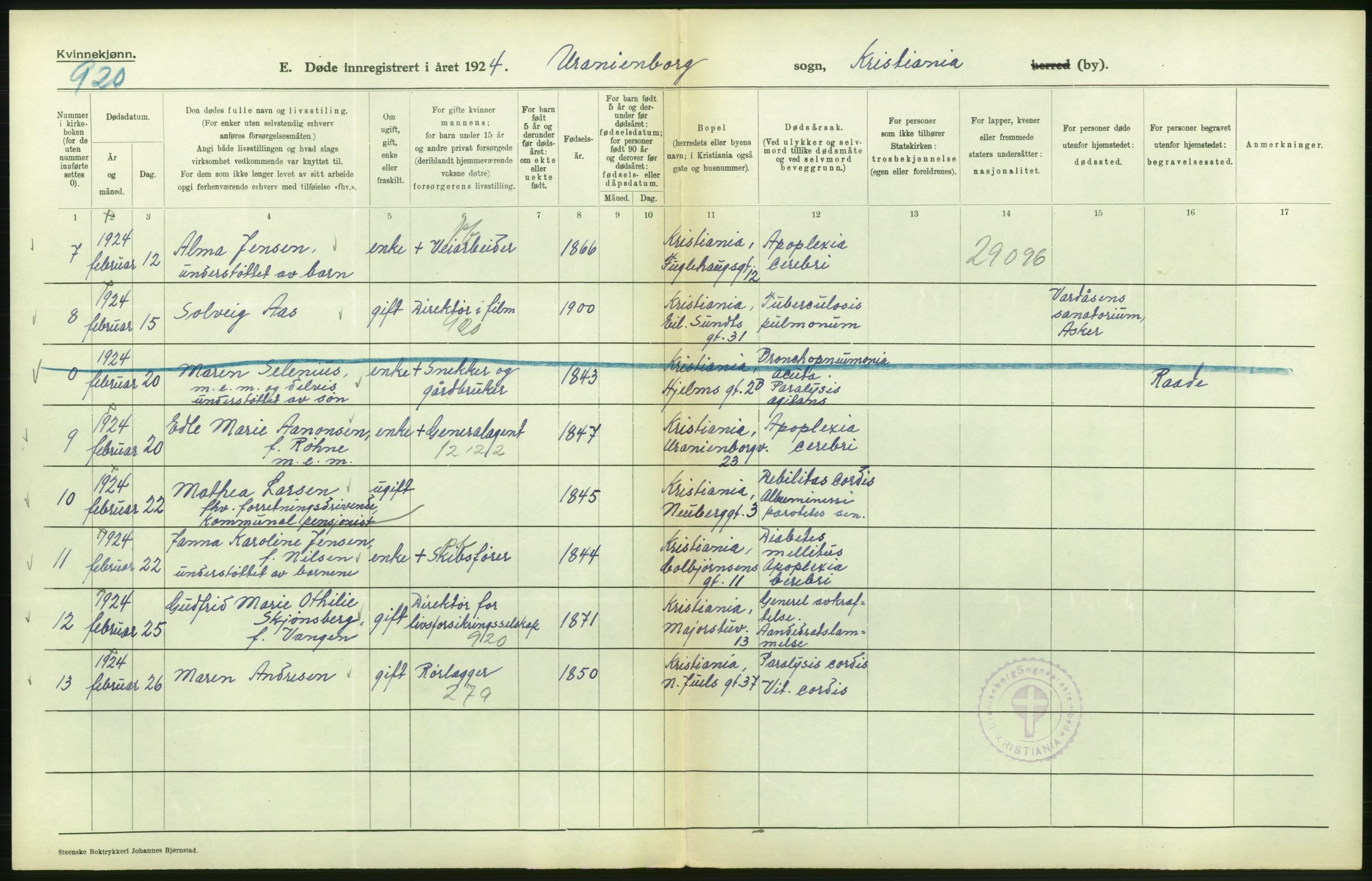 Statistisk sentralbyrå, Sosiodemografiske emner, Befolkning, AV/RA-S-2228/D/Df/Dfc/Dfcd/L0009: Kristiania: Døde kvinner, dødfødte, 1924, p. 104