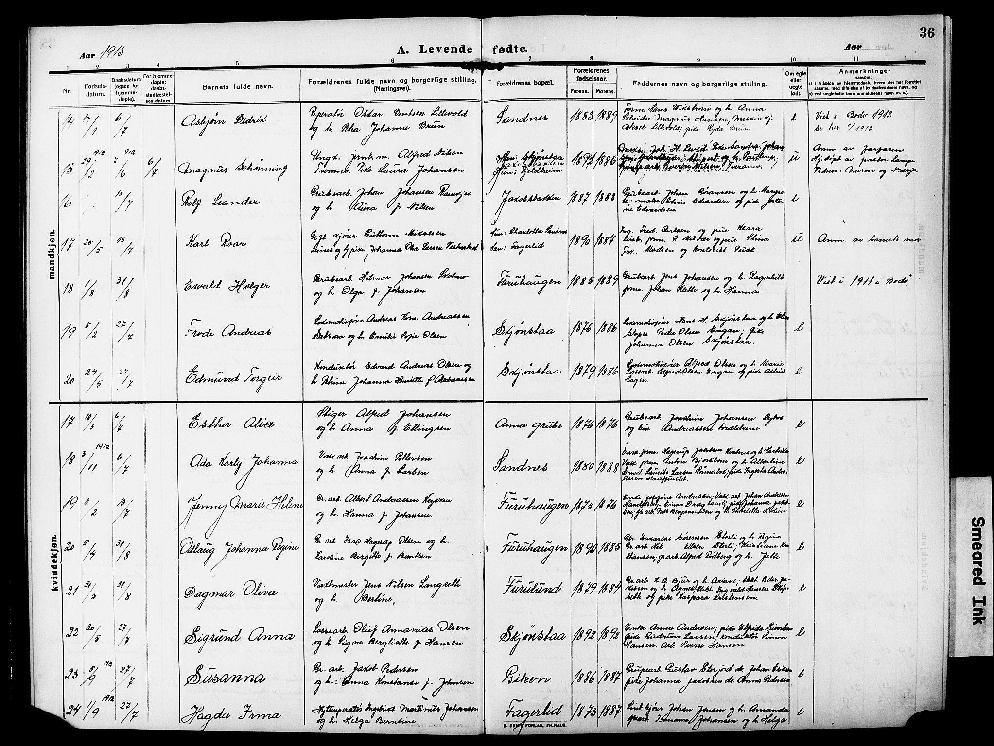 Ministerialprotokoller, klokkerbøker og fødselsregistre - Nordland, SAT/A-1459/850/L0710: Parish register (official) no. 850A02, 1910-1920, p. 36