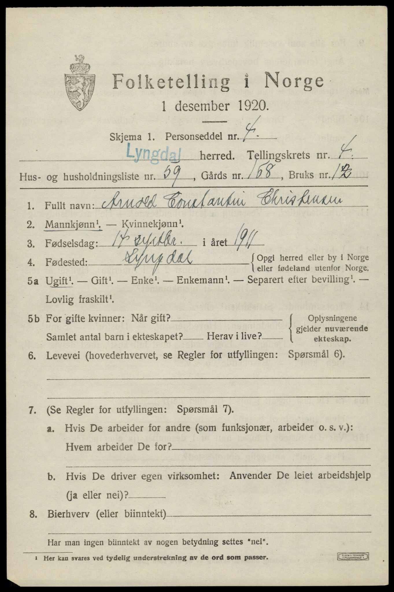 SAK, 1920 census for Lyngdal, 1920, p. 2995