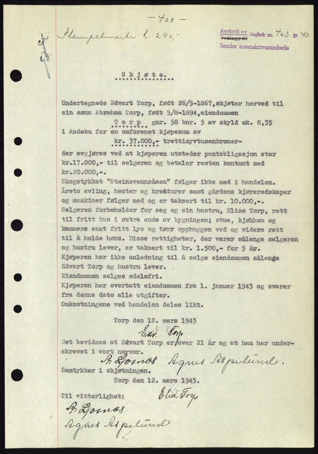 Jarlsberg sorenskriveri, SAKO/A-131/G/Ga/Gaa/L0013: Mortgage book no. A-13, 1942-1943, Diary no: : 463/1943