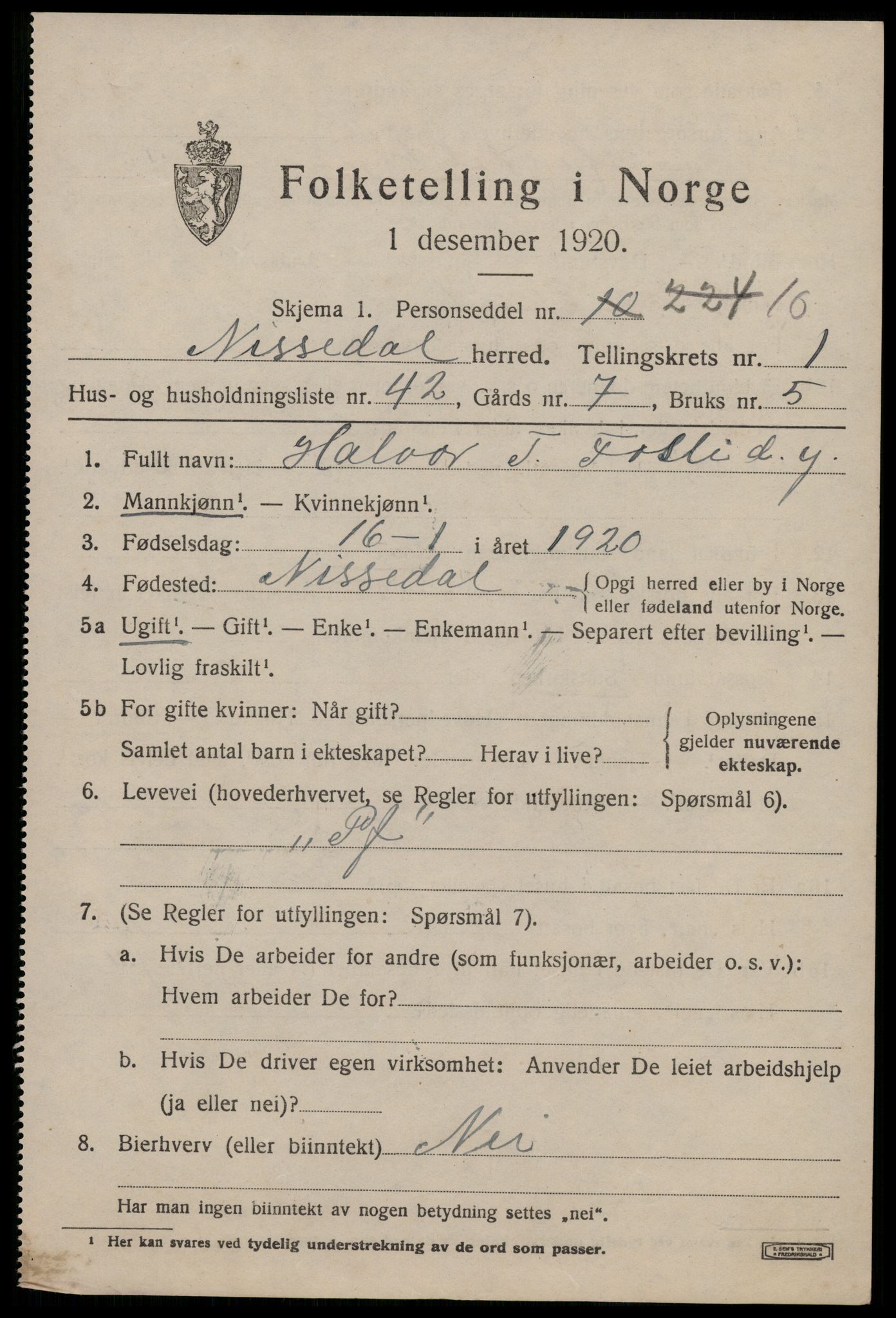 SAKO, 1920 census for Nissedal, 1920, p. 1281