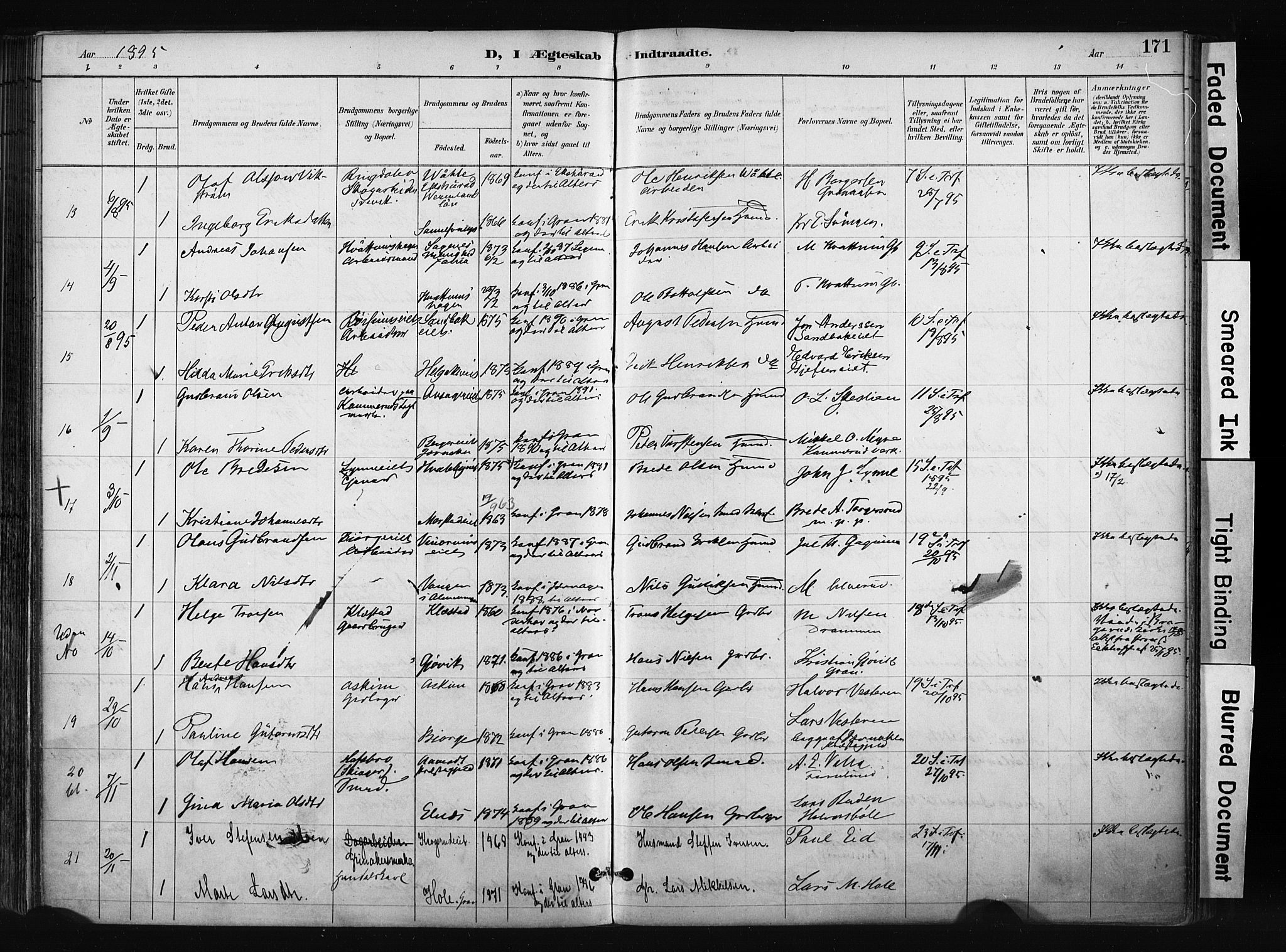 Gran prestekontor, SAH/PREST-112/H/Ha/Haa/L0017: Parish register (official) no. 17, 1889-1897, p. 171