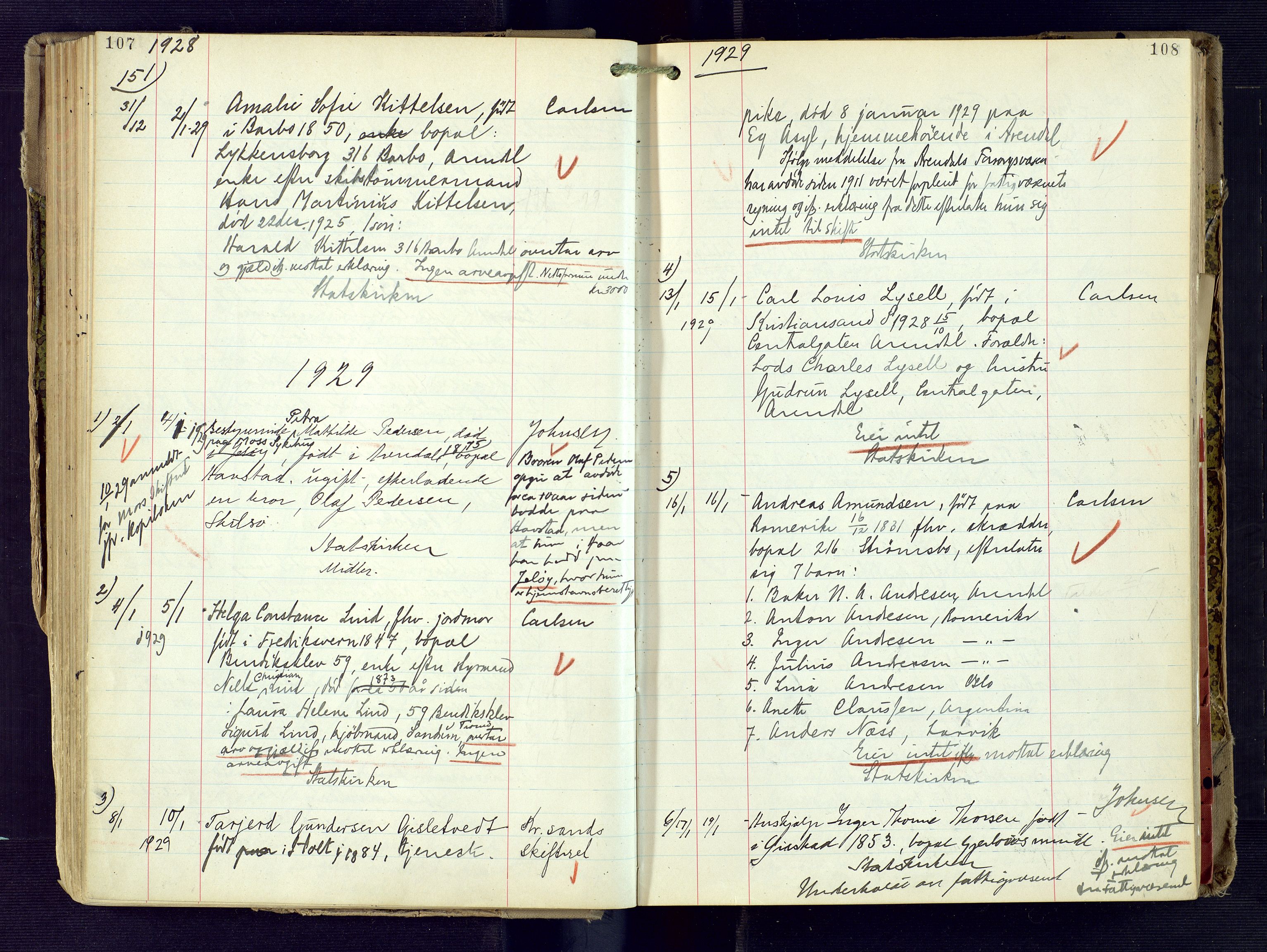 Arendal byfogd, AV/SAK-1222-0001/H/Ha/L0005: Dødsfallsprotokoll, 1926-1935, p. 107-108
